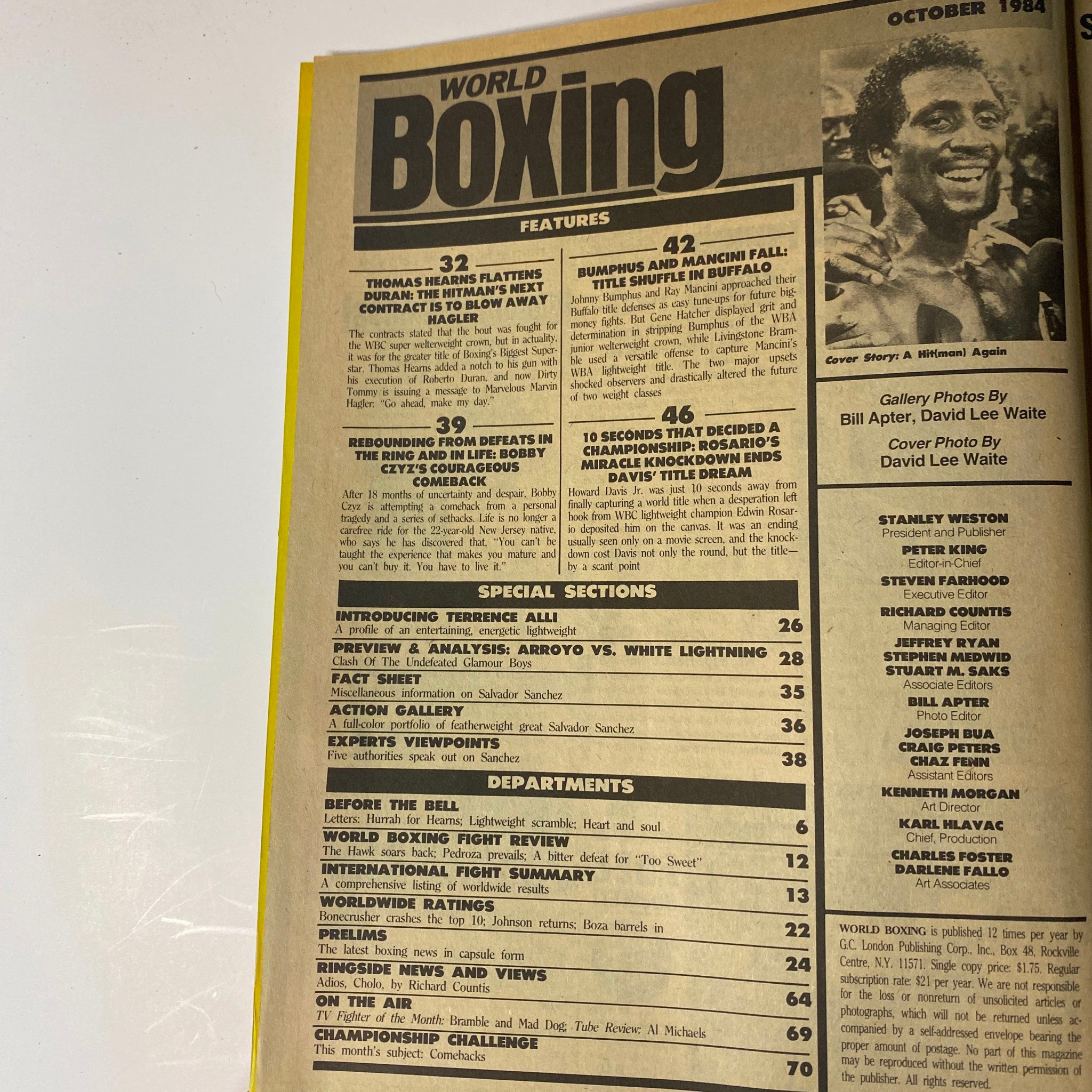 World Boxing Magazine October 1984 cover featuring Thomas Hearns vs Roberto Durán highlights and features, showcasing the contents and articles of the magazine.