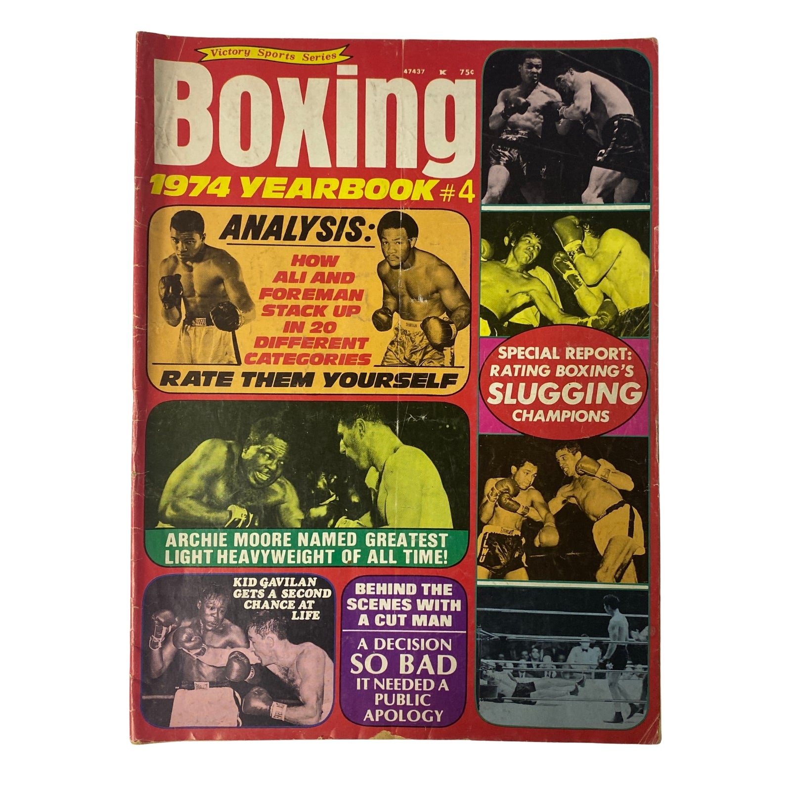 Boxing Magazine 1974 Yearbook #4 featuring analysis of Muhammad Ali and George Foreman's fight, includes highlights like Archie Moore named Greatest Light Heavyweight and a special report on boxing's slugging champions.