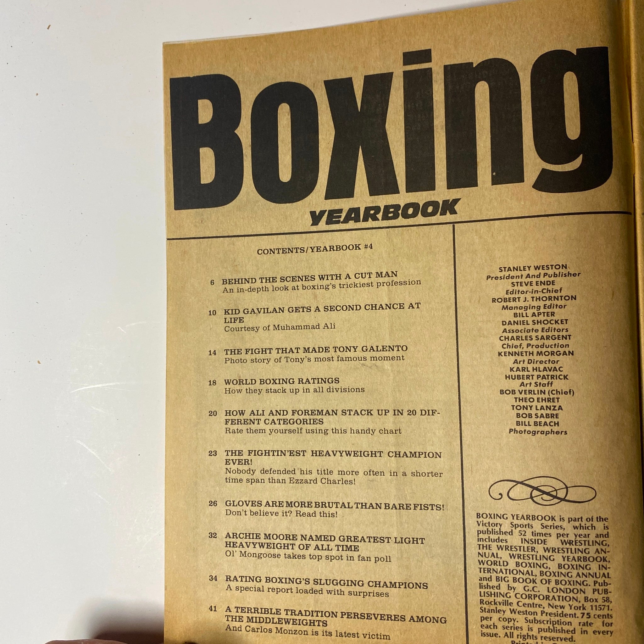 Interior page of Boxing Magazine 1974 Yearbook #4 featuring the contents list, including articles on Muhammad Ali, George Foreman, and other boxing legends.