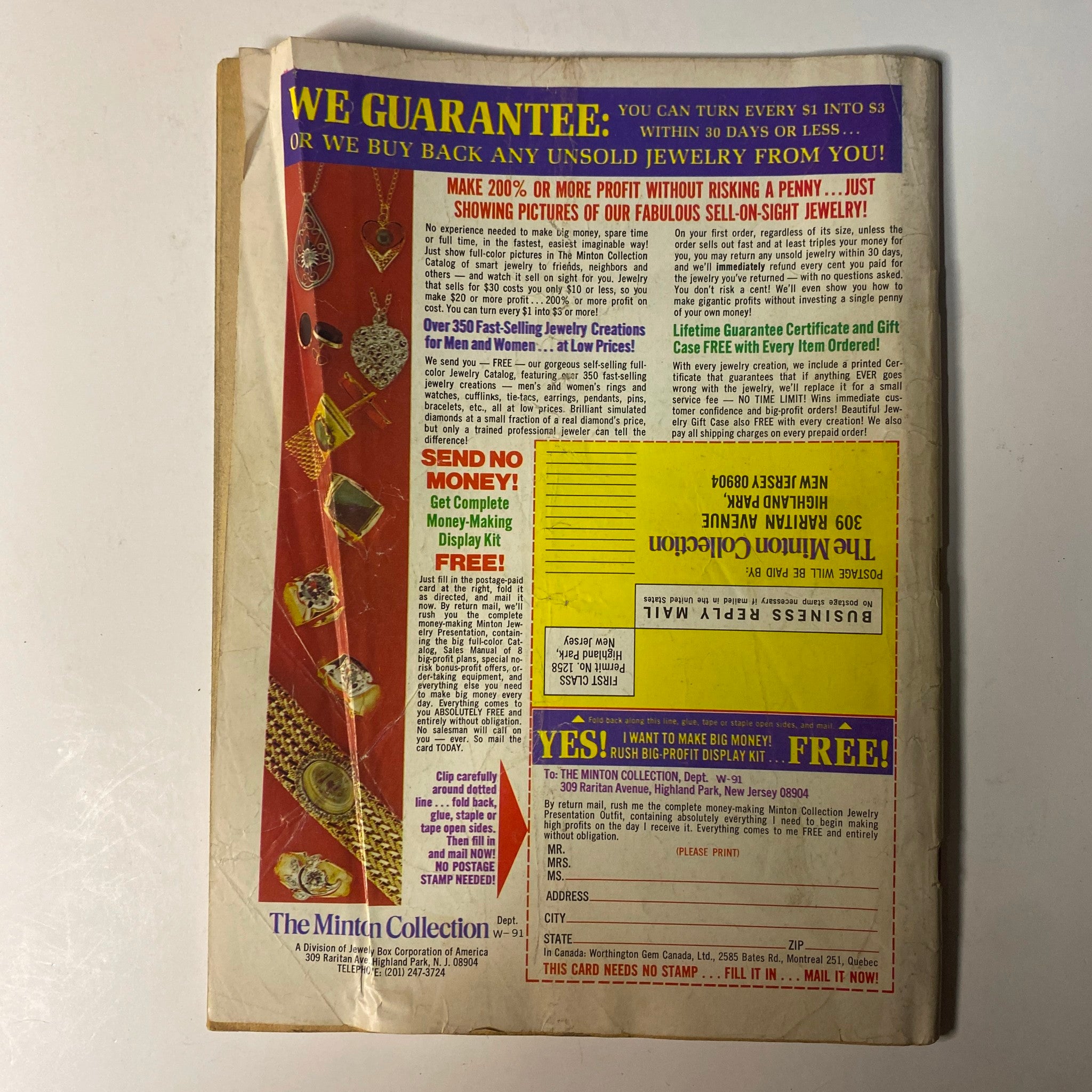 Back cover of Boxing Magazine 1974 Yearbook #4 illustrating a money-back guarantee for jewelry sales alongside promotional offers.