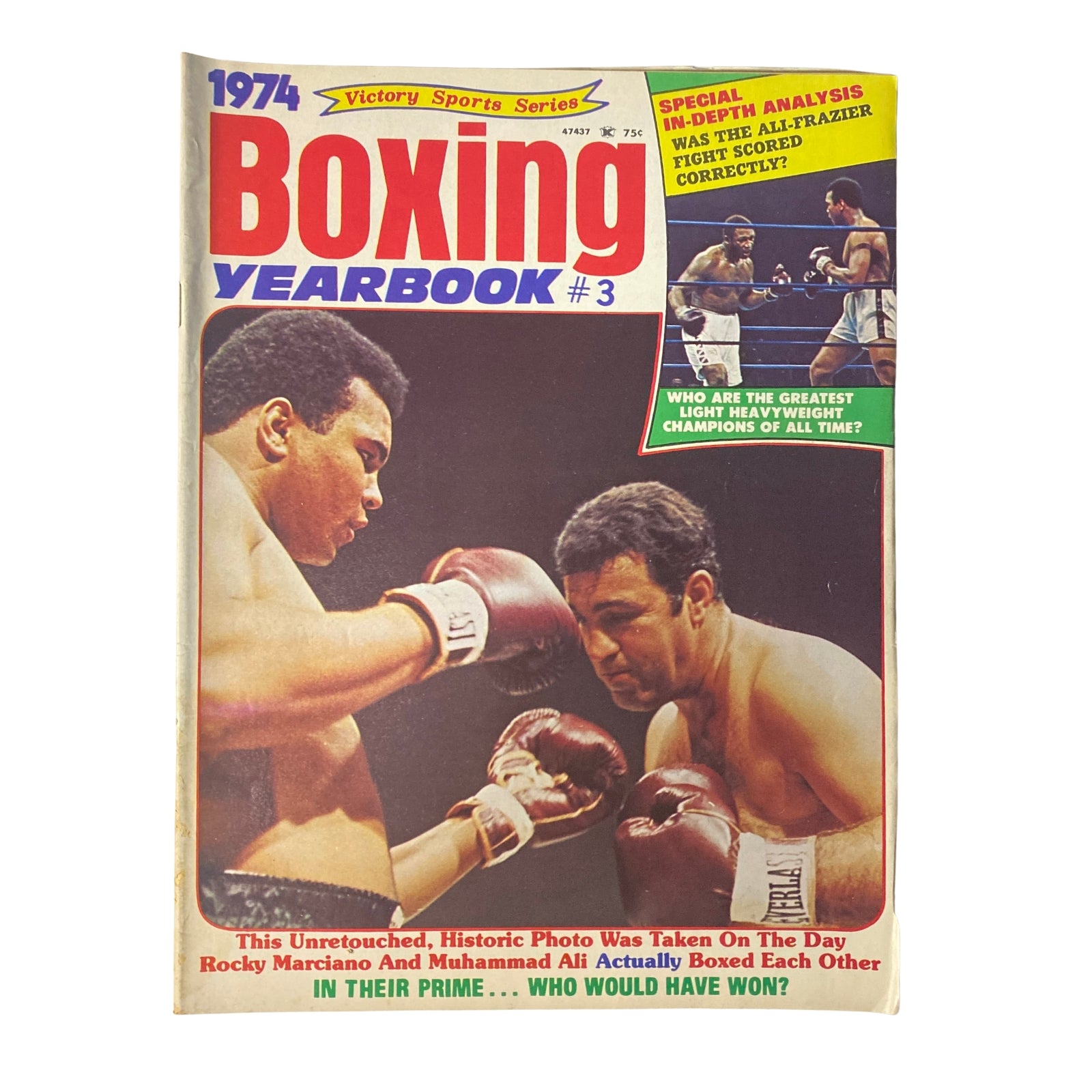 Cover of 'Boxing 1974 Annual Yearbook Magazine' featuring Muhammad Ali and Rocky Marciano, showcasing a historic boxing match moment with the title prominently displayed.