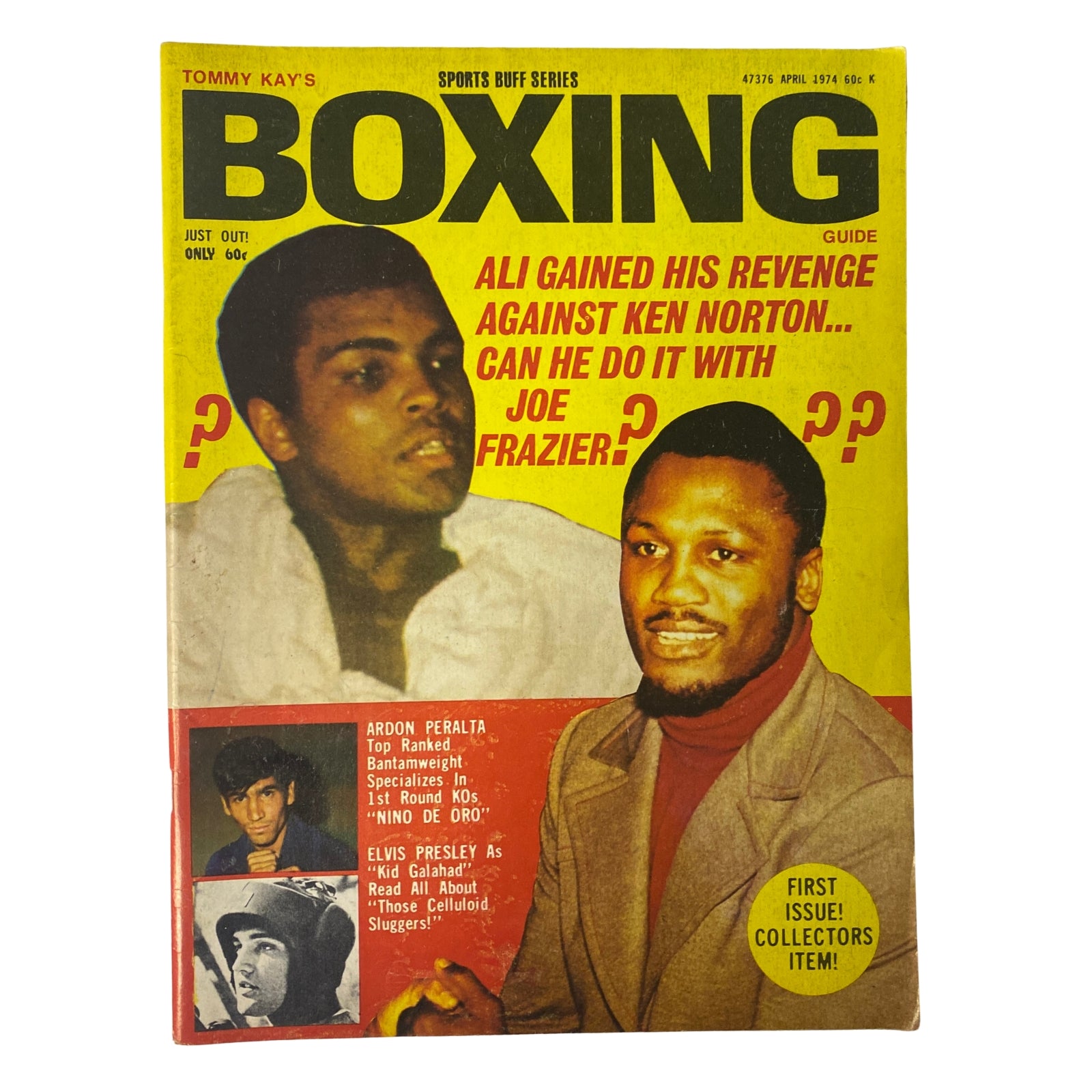 Tommy Kay's Boxing Magazine April 1974 cover featuring Muhammad Ali and Joe Frazier, highlighting the rematch against Ken Norton. A colorful and iconic piece for boxing collectors.
