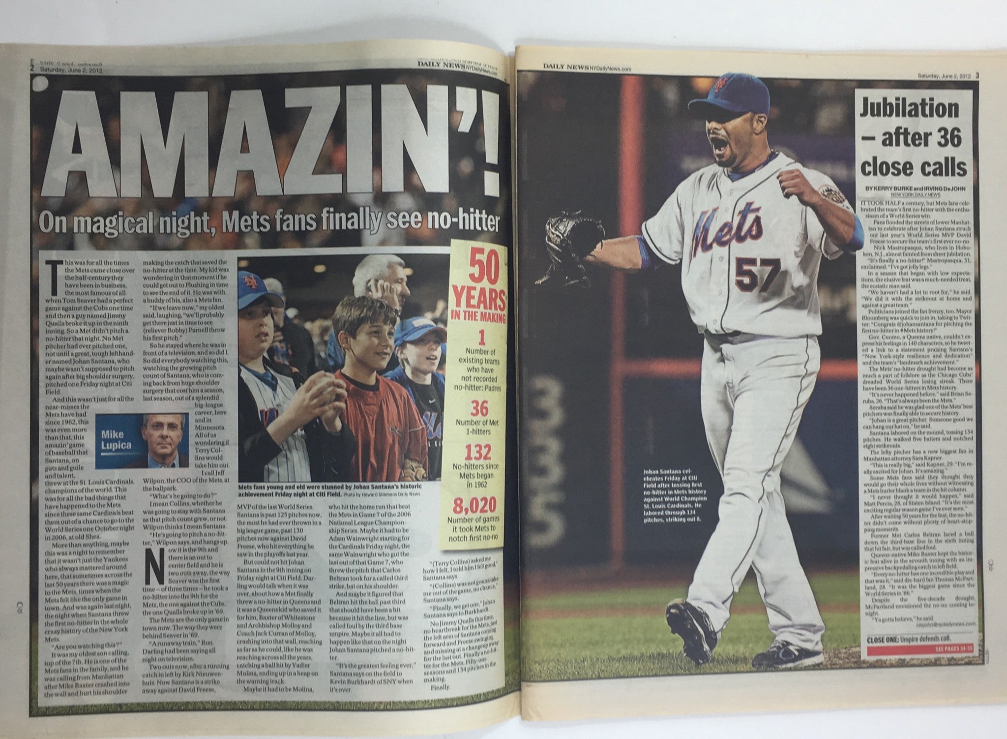 NY Daily News:6/2/12,Yes! After 50 Yrs Johan Santana Throws Mets' 1st no-no