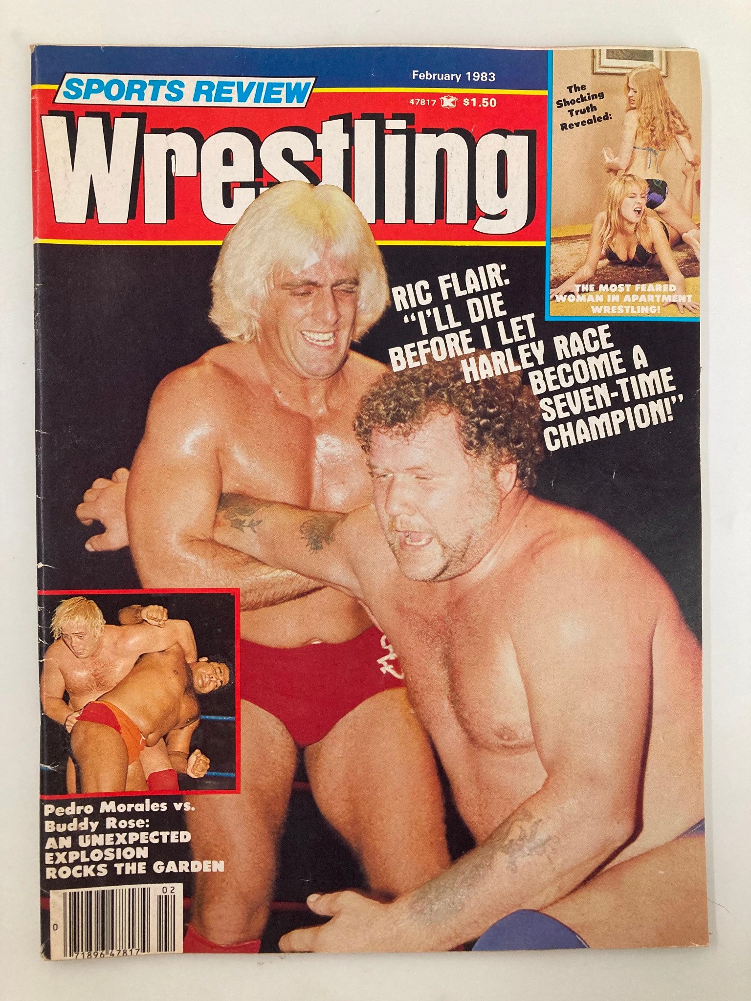 VTG Sports Review Wrestling Magazine February 1983 featuring Ric Flair and Harley Race in a classic wrestling match on the cover.