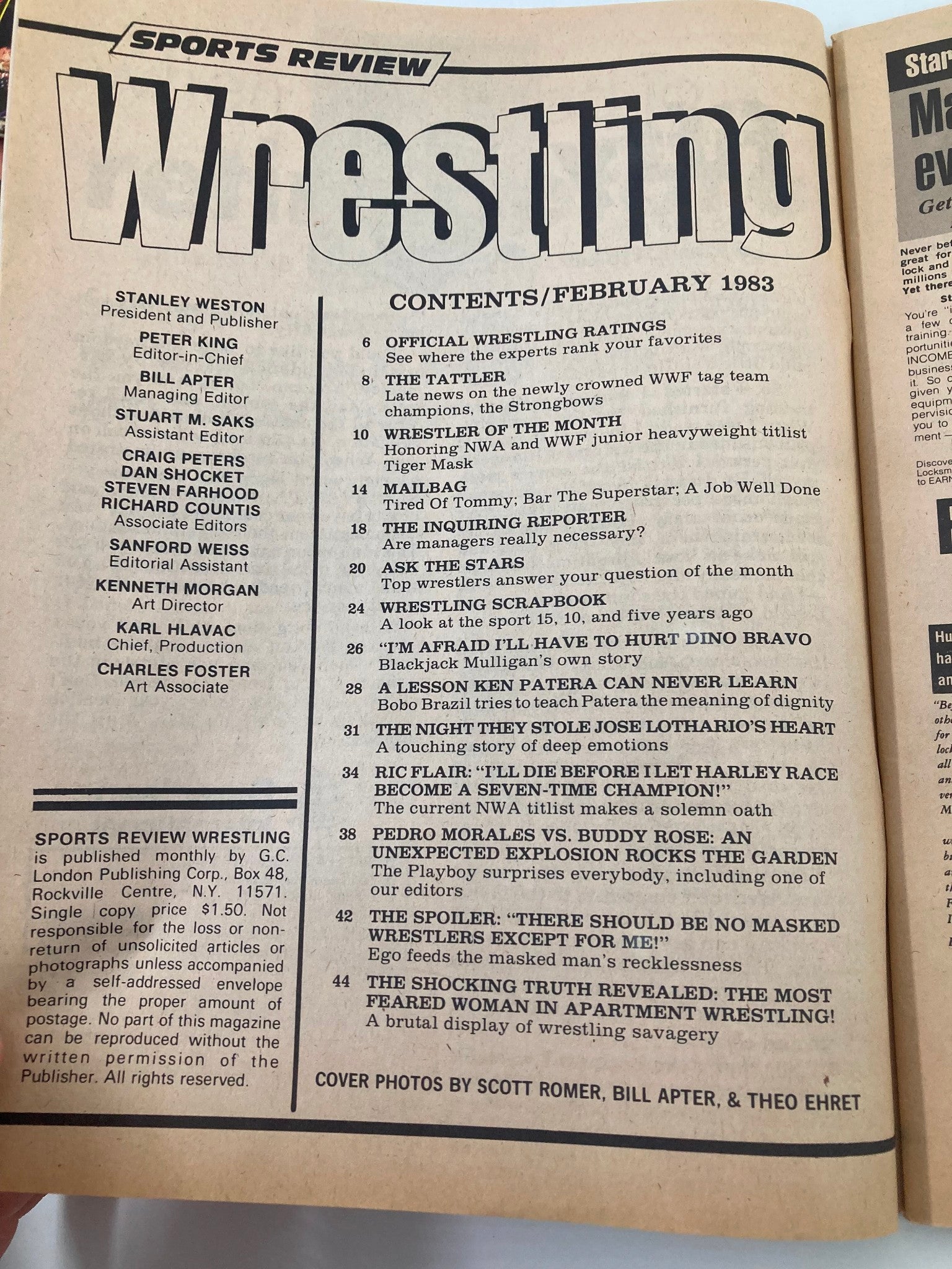Contents page of the VTG Sports Review Wrestling Magazine February 1983 detailing articles and features, including highlights of Ric Flair and Harley Race.