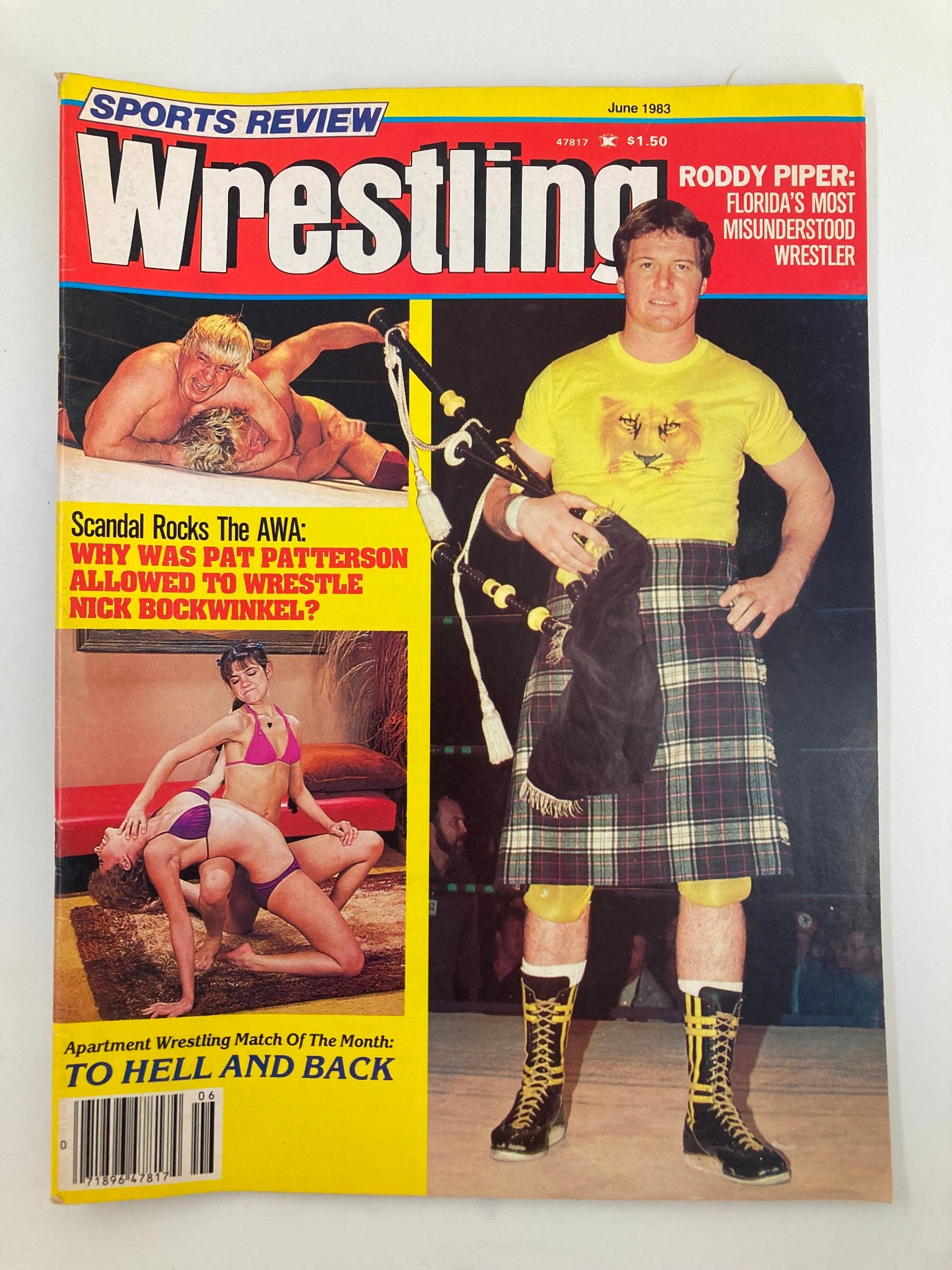 Cover of VTG Sports Review Wrestling Magazine from June 1983 featuring Roddy Piper, titled 'Roddy Piper: Florida's Most Misunderstood Wrestler'. The cover also highlights a wrestling match, and an article questioning Pat Patterson's ability to wrestle Nick Bockwinkel.