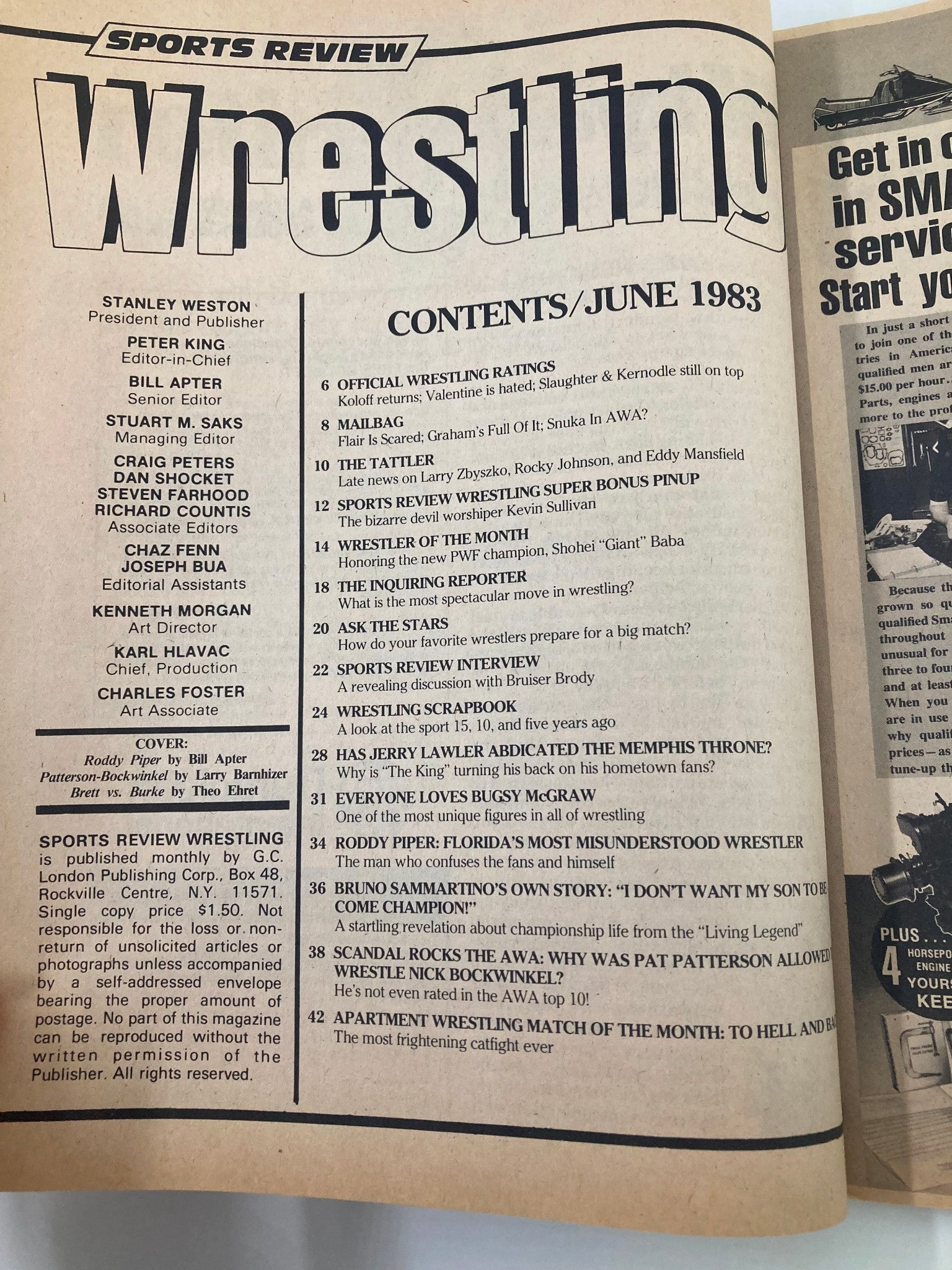 Contents page of VTG Sports Review Wrestling Magazine June 1983, displaying the articles featured in the issue, including 'Roddy Piper: Florida's Most Misunderstood Wrestler' and various wrestling ratings and interviews.