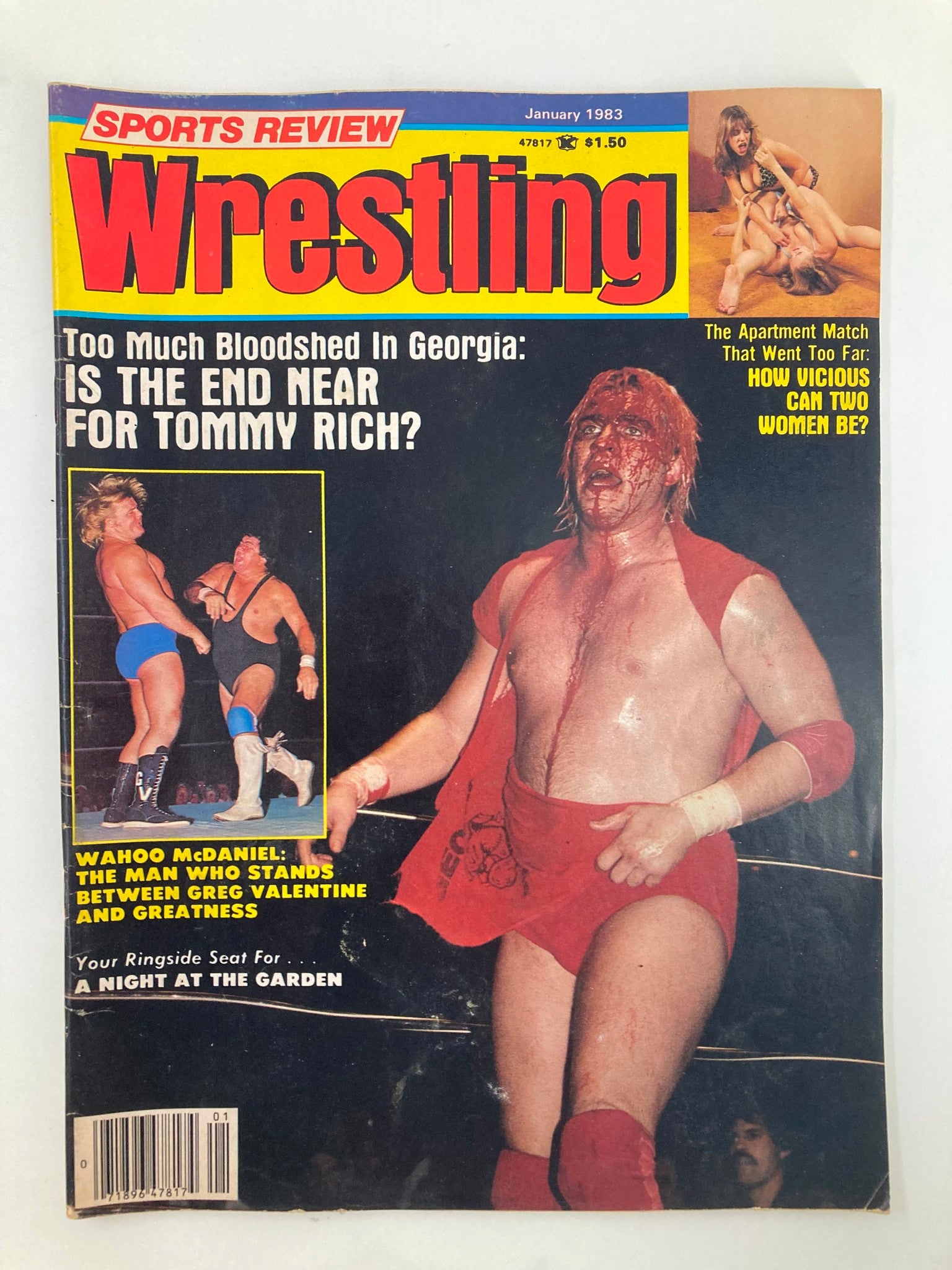 Cover of the January 1983 issue of Sports Review Wrestling Magazine featuring notable wrestlers Tommy Rich and Greg Valentine. The magazine discusses wrestling rivalries and events of the era. This vintage collectible is ideal for wrestling enthusiasts and fans of wrestling history.
