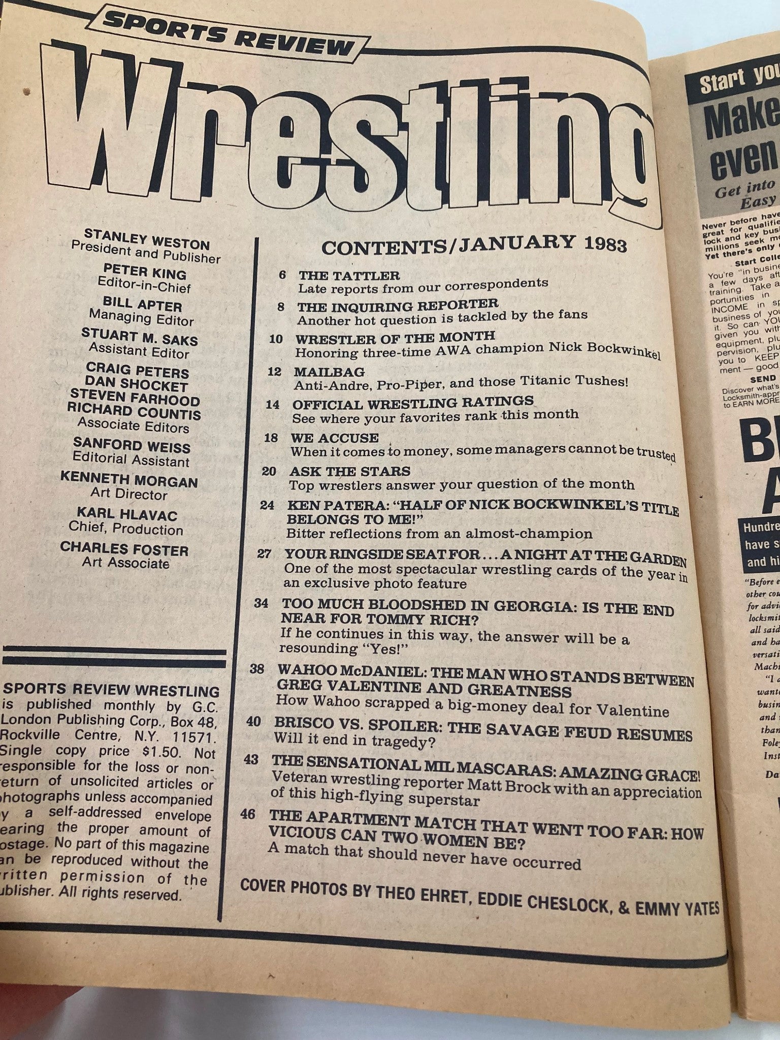 Table of contents page from the VTG Sports Review Wrestling Magazine January 1983, listing articles and features including topics such as 'Too Much Bloodshed in Georgia' and details on wrestlers like Greg Valentine and Tommy Rich.