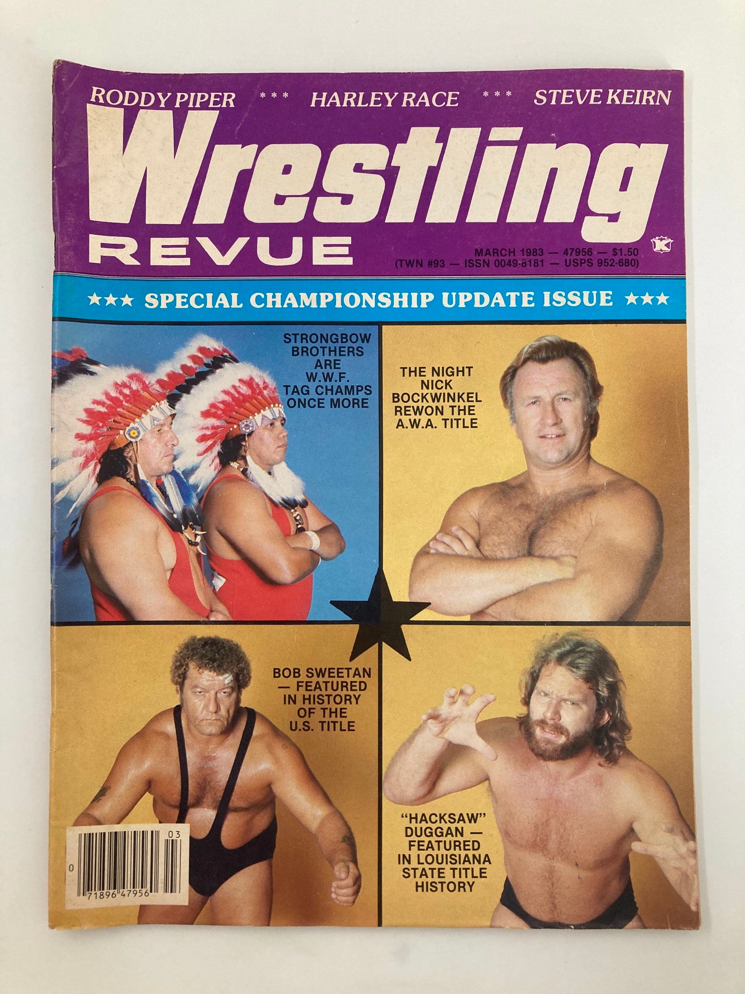 VTG Wrestling Revue Magazine March 1983 featuring the Strongbow Brothers and Nick Bockwinkel on the cover, showcasing popular wrestlers from the early 1980s.