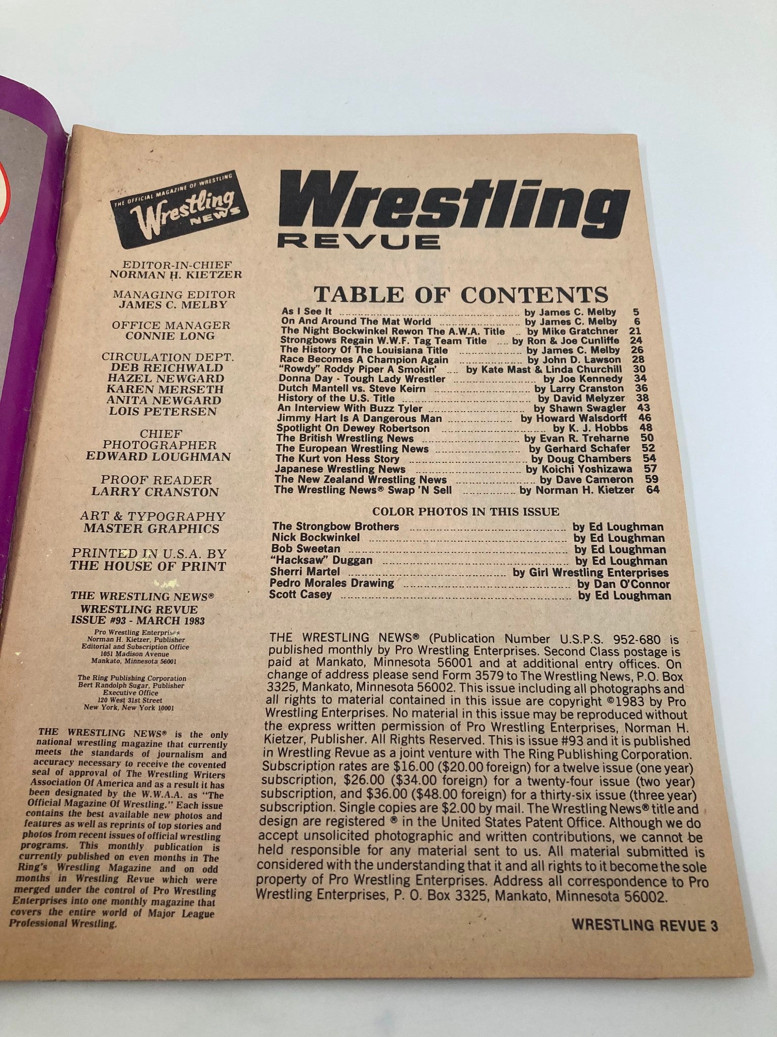 Inside view of the VTG Wrestling Revue Magazine from March 1983, featuring the Table of Contents with articles about Strongbow Brothers and Nick Bockwinkel, providing insights into early 1980s wrestling culture.