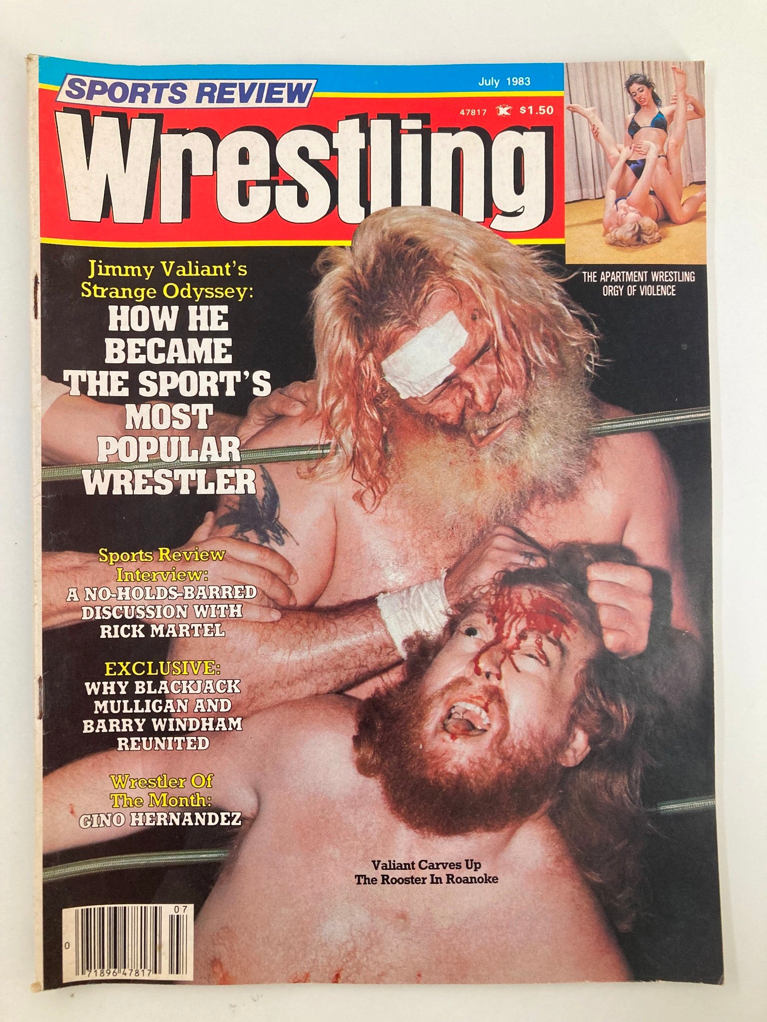 Cover of VTG Sports Review Wrestling July 1983 featuring Jimmy Valiant and Oliver Humperdink, highlighting an article on Jimmy Valiant's rise in wrestling, with a dramatic image depicting intense wrestling action.