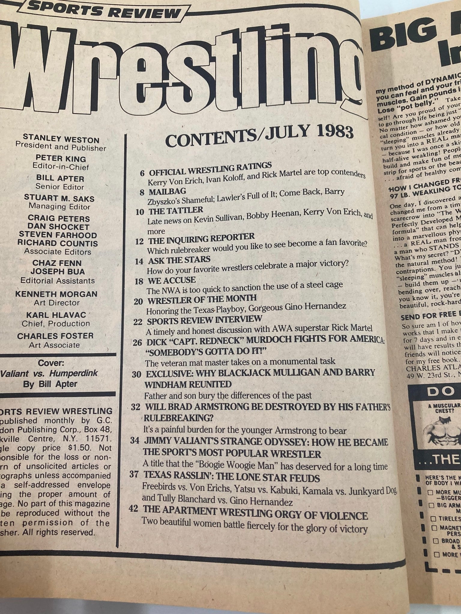 Table of contents from VTG Sports Review Wrestling July 1983, detailing articles including interviews, wrestling ratings, and features on Gino Hernandez and Jimmy Valiant.