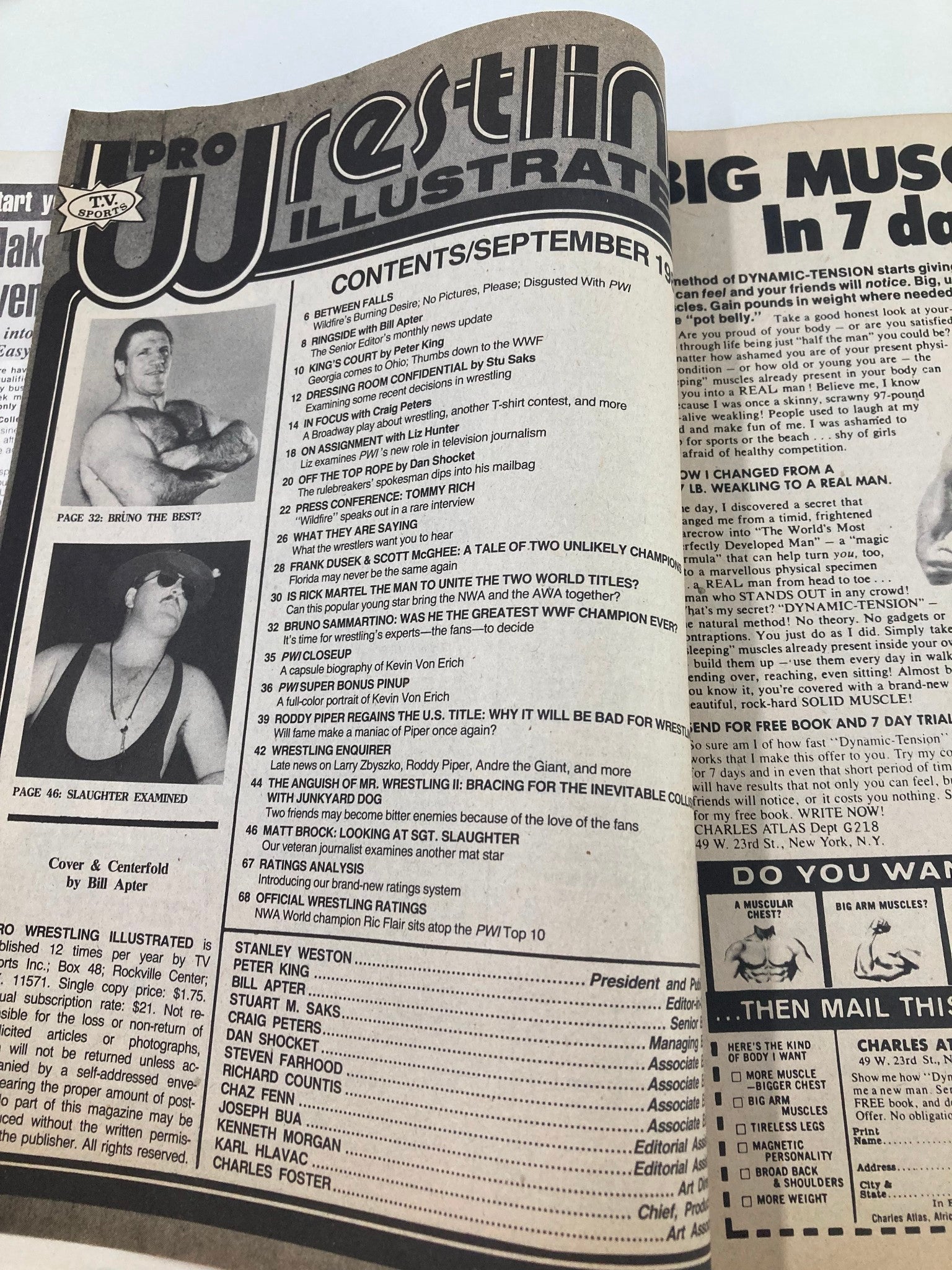 Interior page of VTG Pro Wrestling Illustrated Magazine September 1983 displaying the contents, including mentions of Bruno Sammartino and popular wrestling topics of the time.