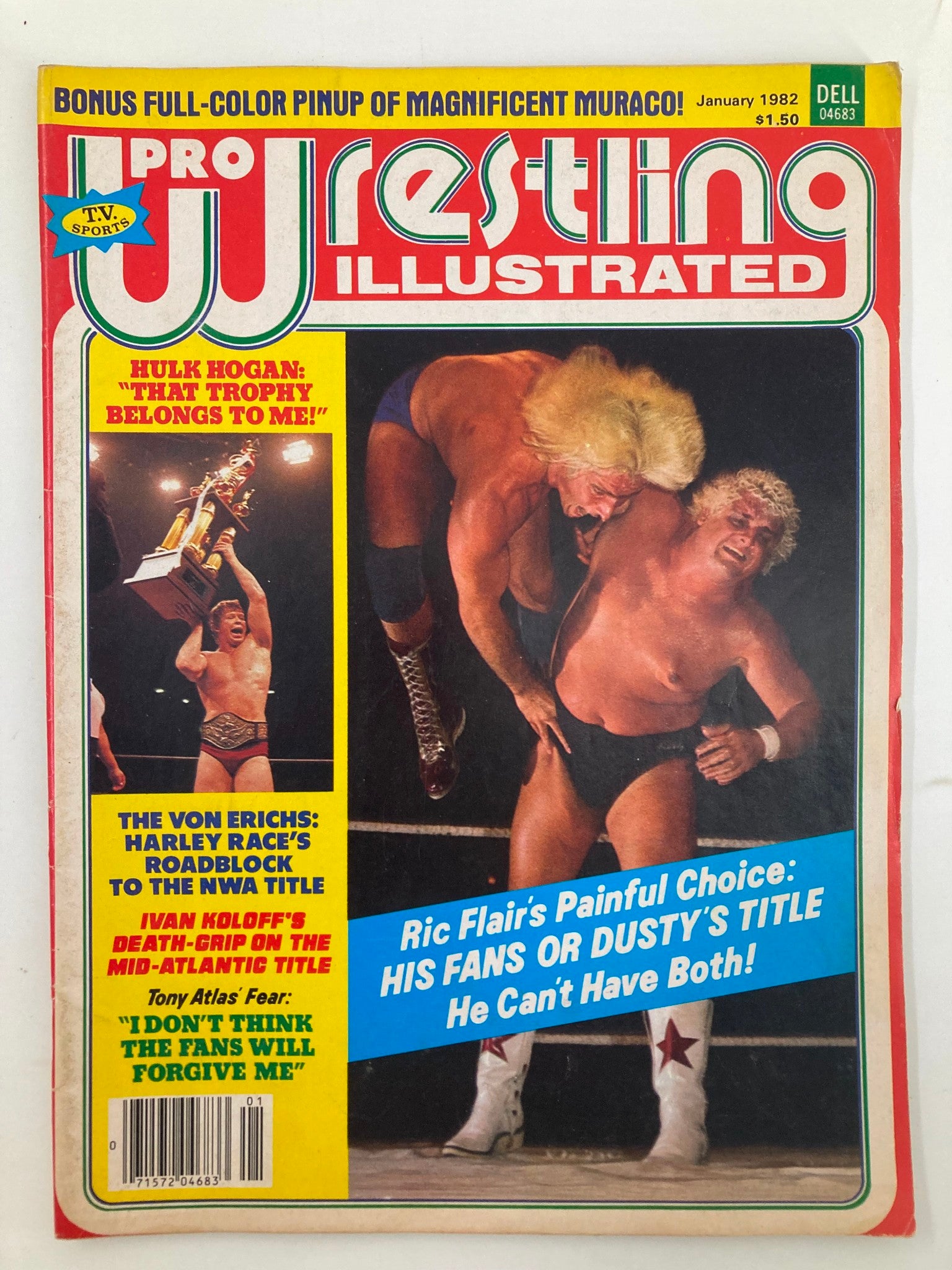 Pro Wrestling Illustrated Magazine January 1982 featuring Ric Flair and Dusty Rhodes on the cover, highlighting a fierce wrestling match, with promotional text about Hulk Hogan and a bonus full-color pinup of Muraco.