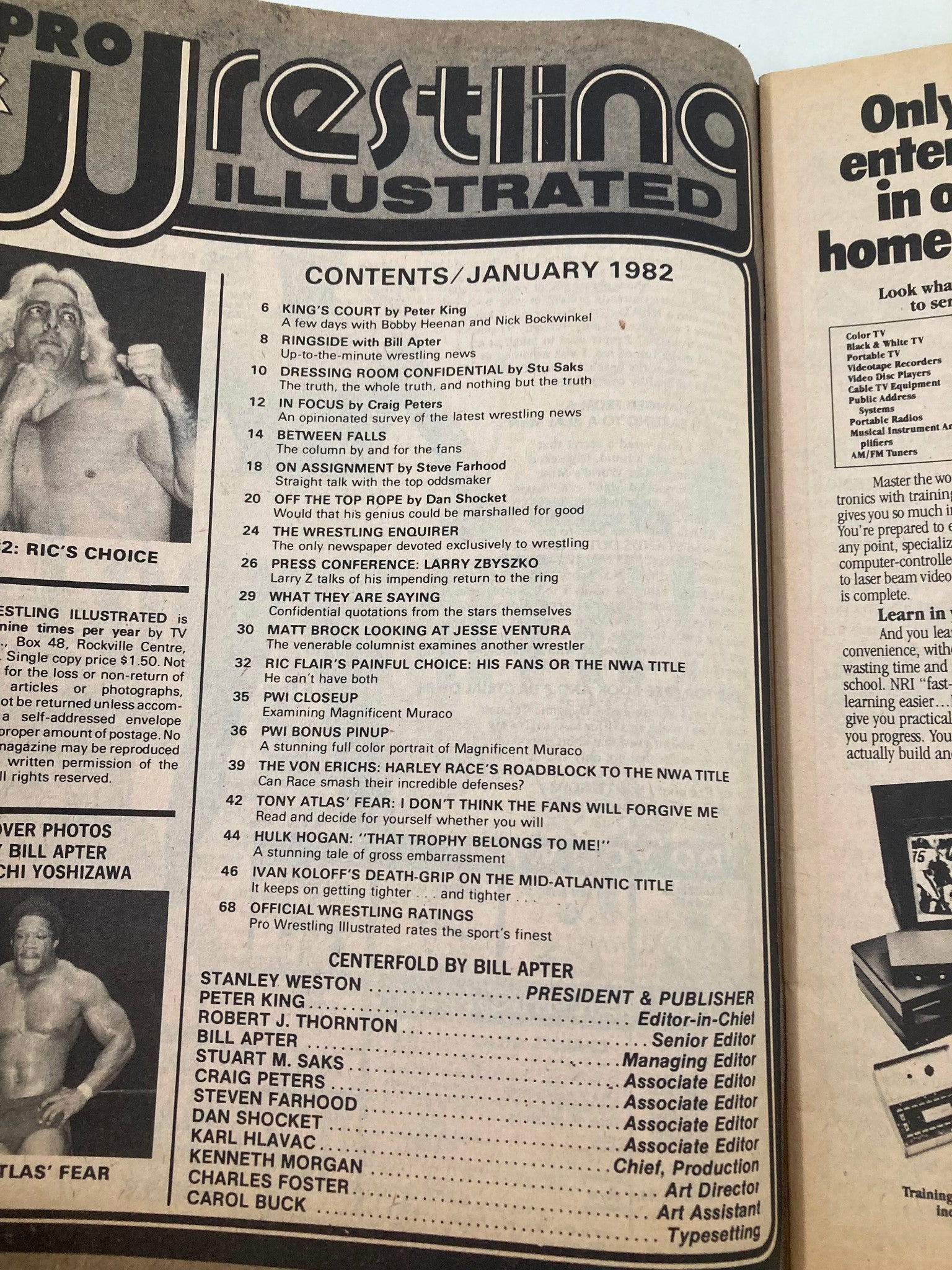 Contents page of Pro Wrestling Illustrated Magazine January 1982, listing articles and features including Ric Flair's choices, wrestling rankings, and exclusive interviews.