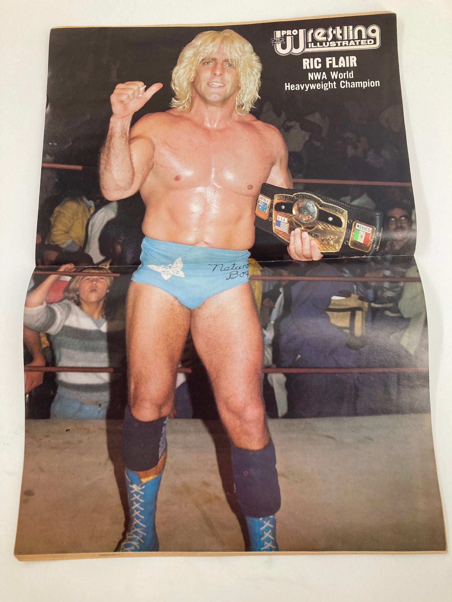 Ric Flair featured in Pro Wrestling Illustrated Magazine May 1982 as NWA World Heavyweight Champion, showcasing his iconic look and championship belt.