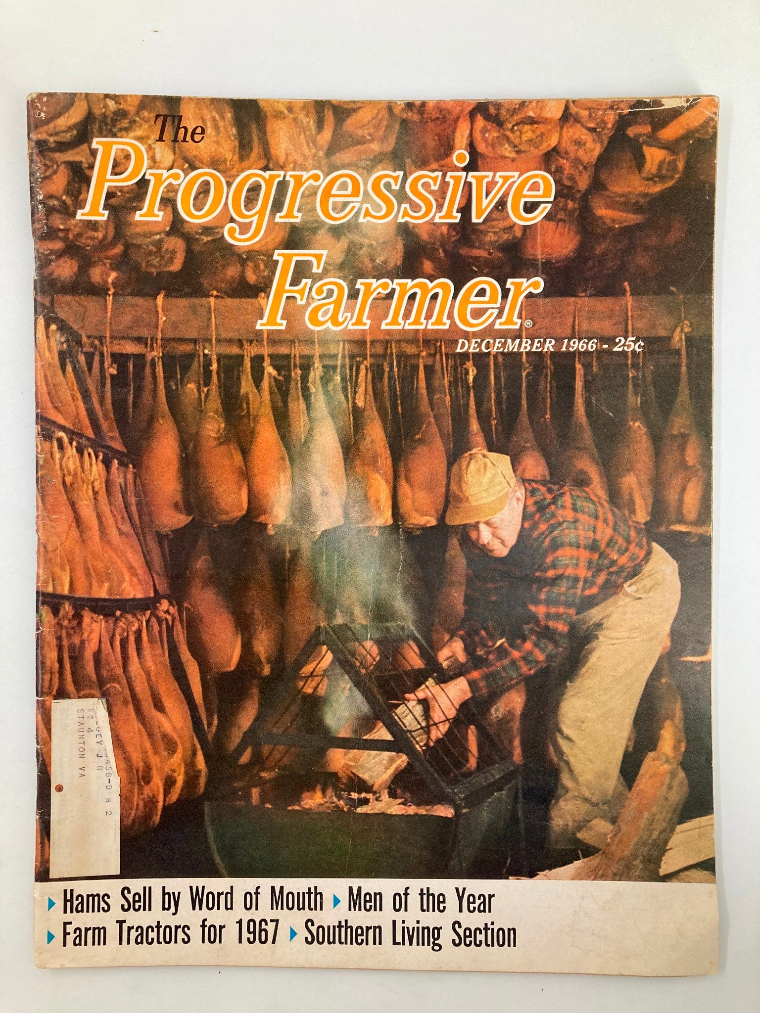 Cover of VTG The Progressive Farmer Magazine December 1966 featuring the captivating headline 'Hams Sell by Word of Mouth' alongside ham products and a farmer in a barn.