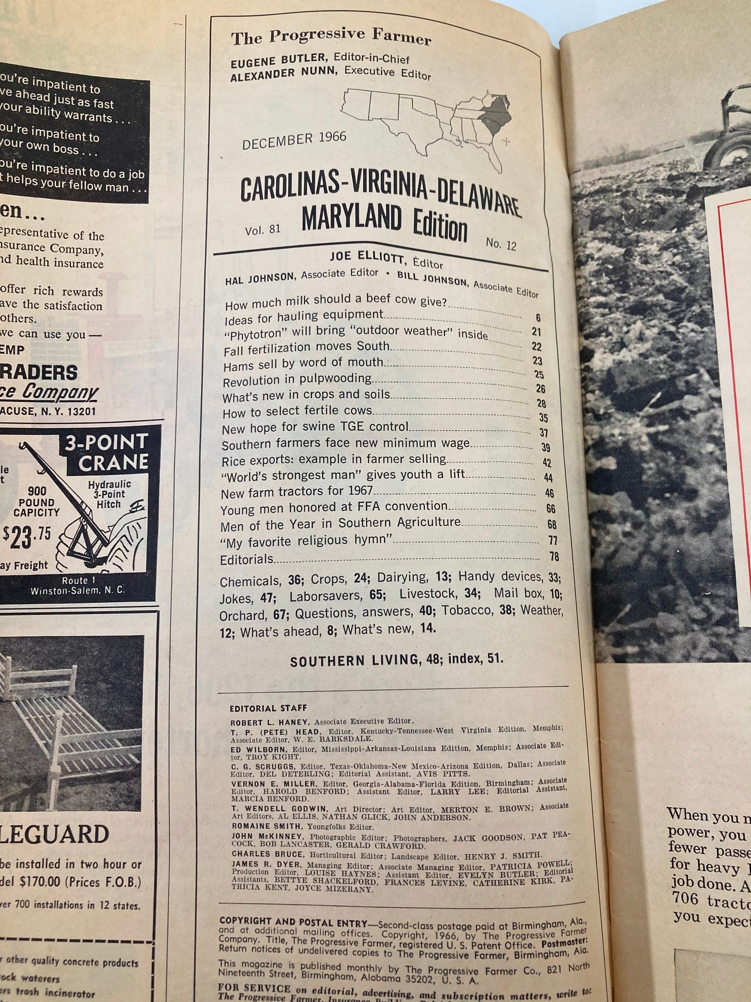 Contents page of VTG The Progressive Farmer Magazine December 1966 detailing articles on farming practices, including 'Hams Sell by Word of Mouth' and agricultural tips.