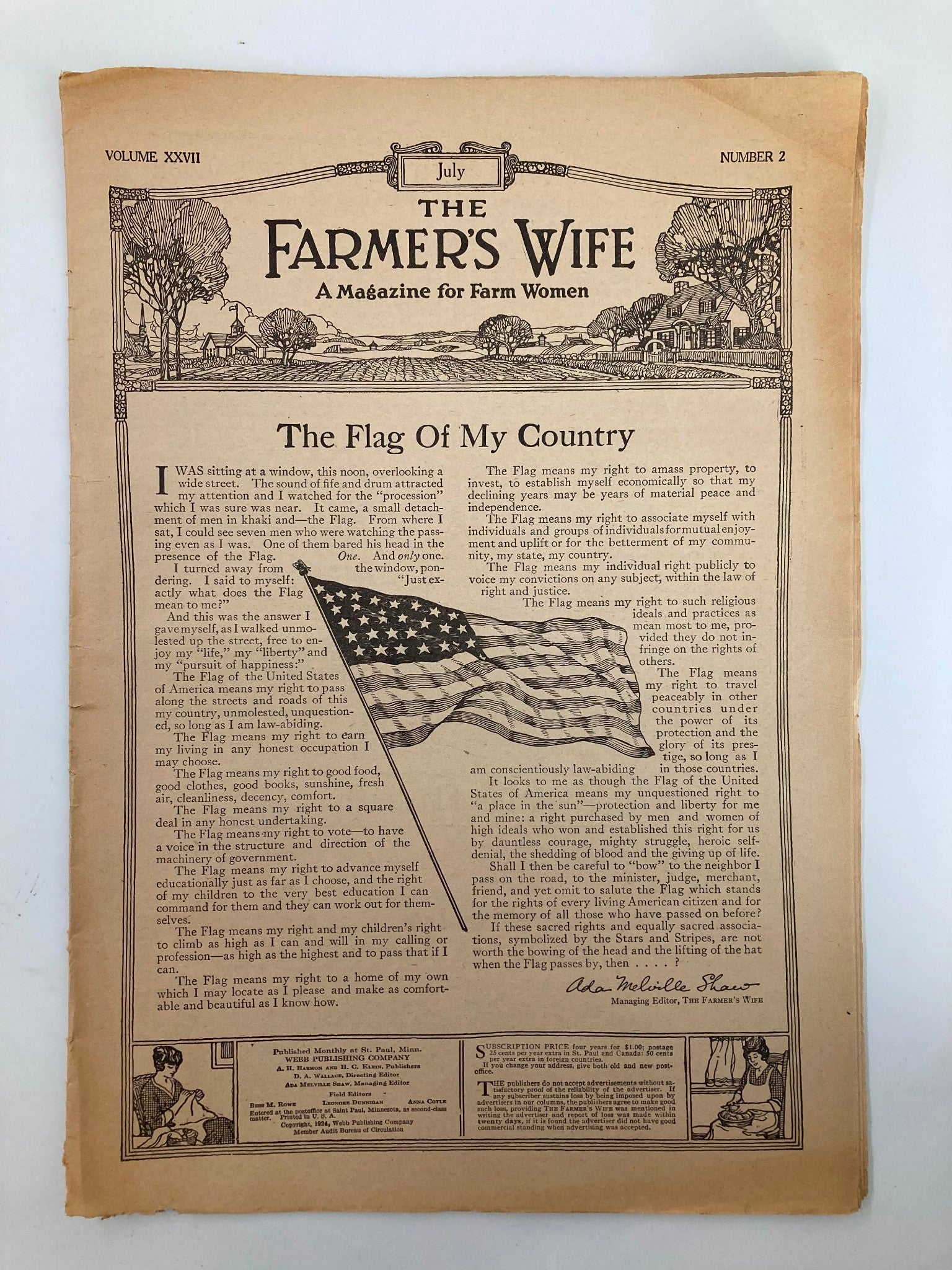 VTG The Farmer's Wife Magazine July 1924 The Flag of My Country No Label