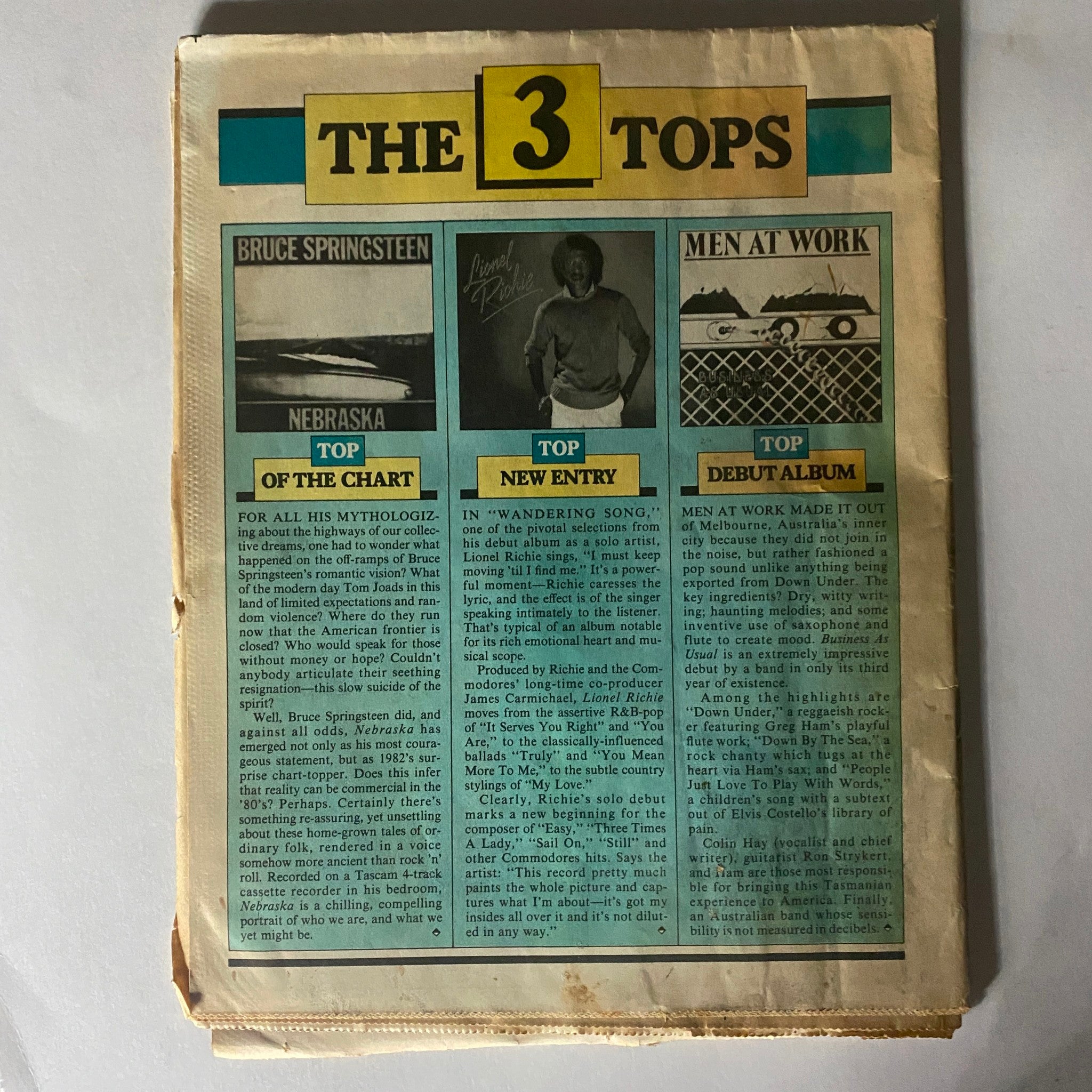 Back page of VTG Record Magazine December 1982, Vol 2 No 2, displaying 'The 3 Tops' chart including Bruce Springsteen, Lionel Richie, and Men At Work.
