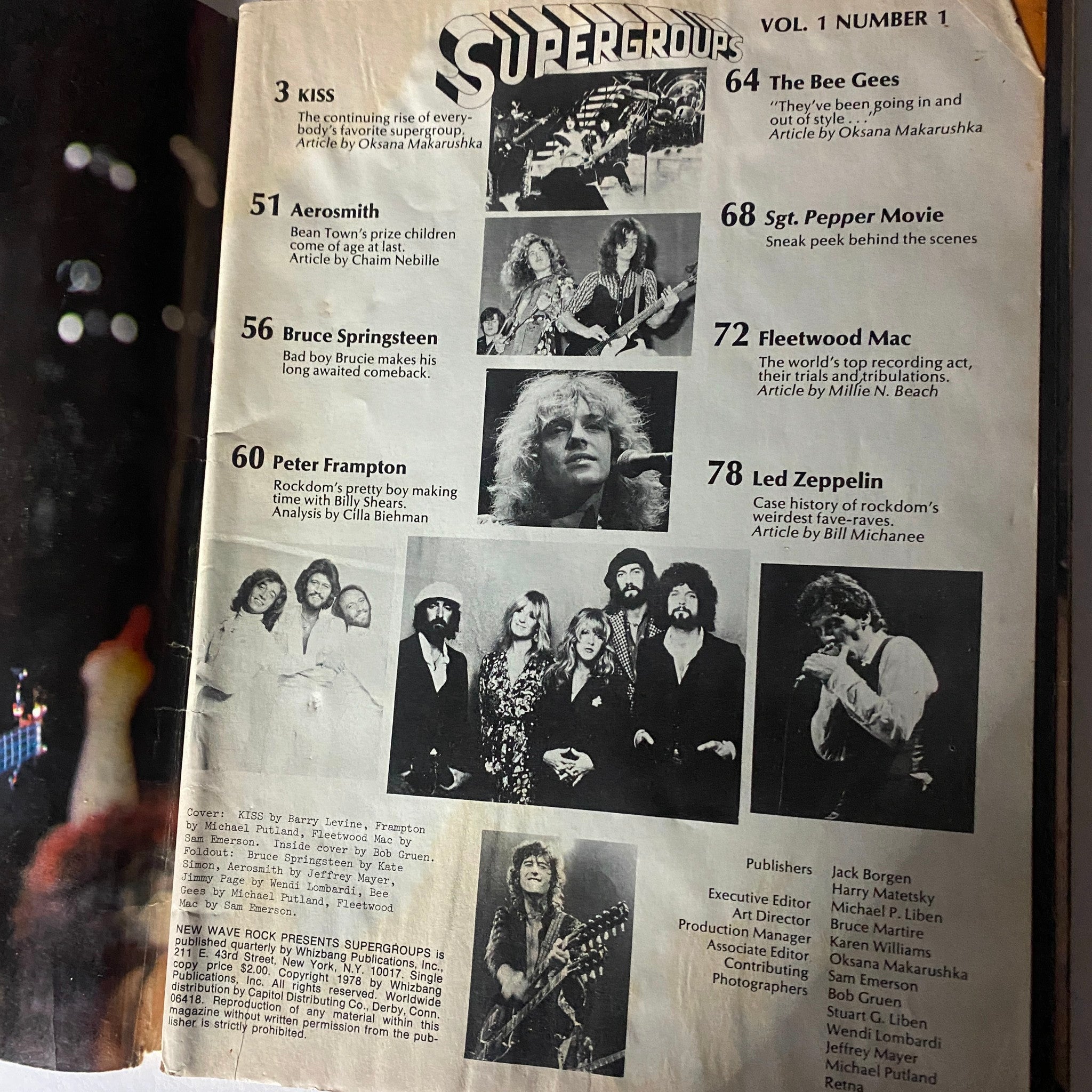 Page layout from New Wave Rock Presents Supergroups, Volume 1, Number 1, showcasing articles on Kiss, Aerosmith, Bruce Springsteen, and Fleetwood Mac.
