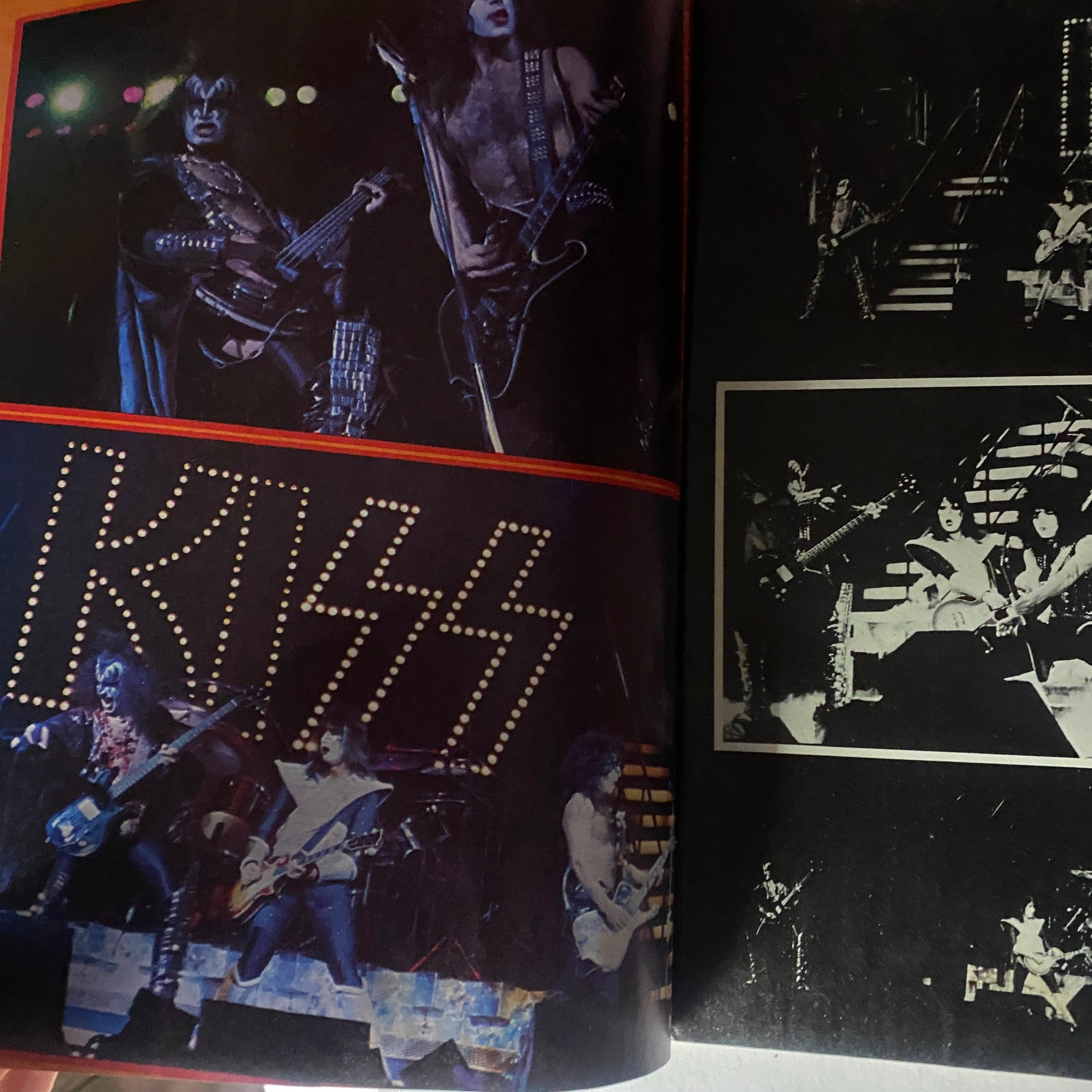 Dynamic color images of Kiss on stage, featured in the New Wave Rock Presents Supergroups magazine, highlighting their iconic performance style.