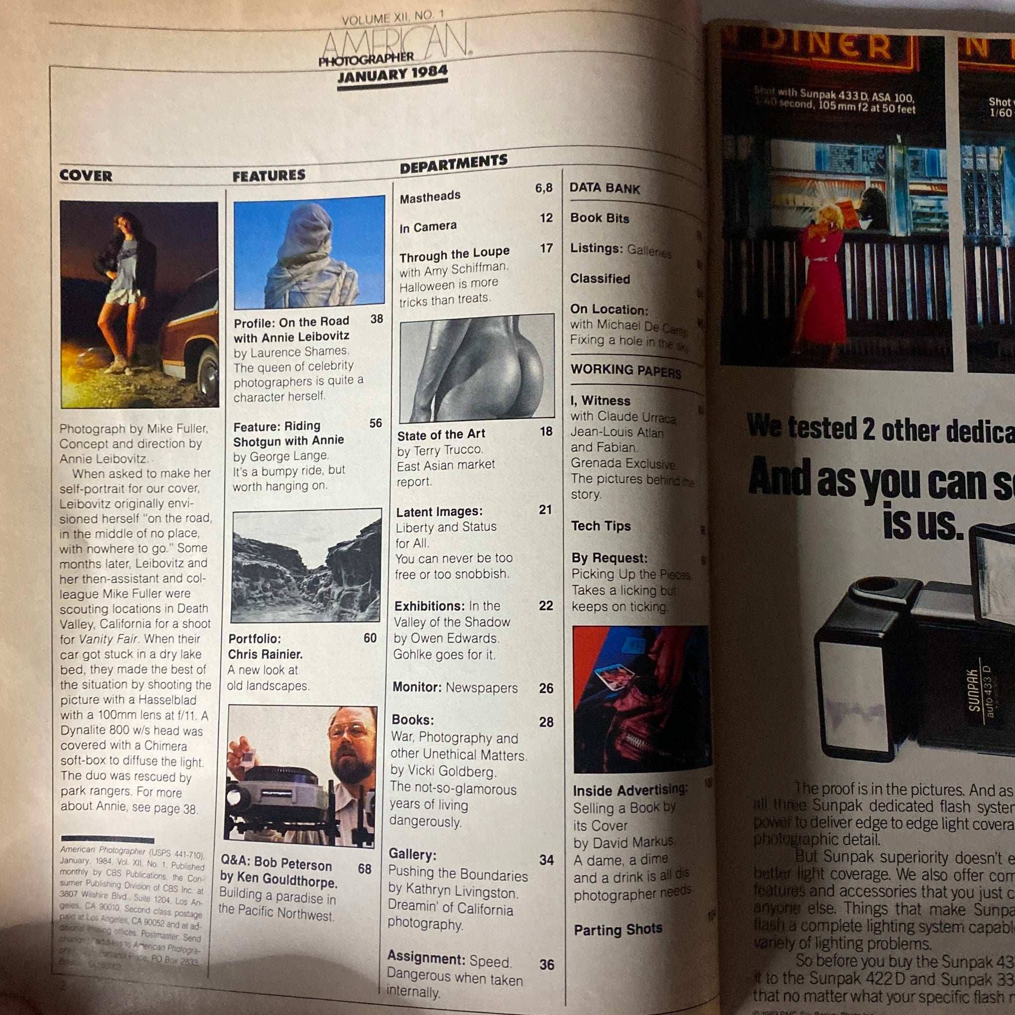 Inside page of the January 1984 American Photographer Magazine displaying features, articles, and sections including a profile on Annie Leibovitz and photography trends.