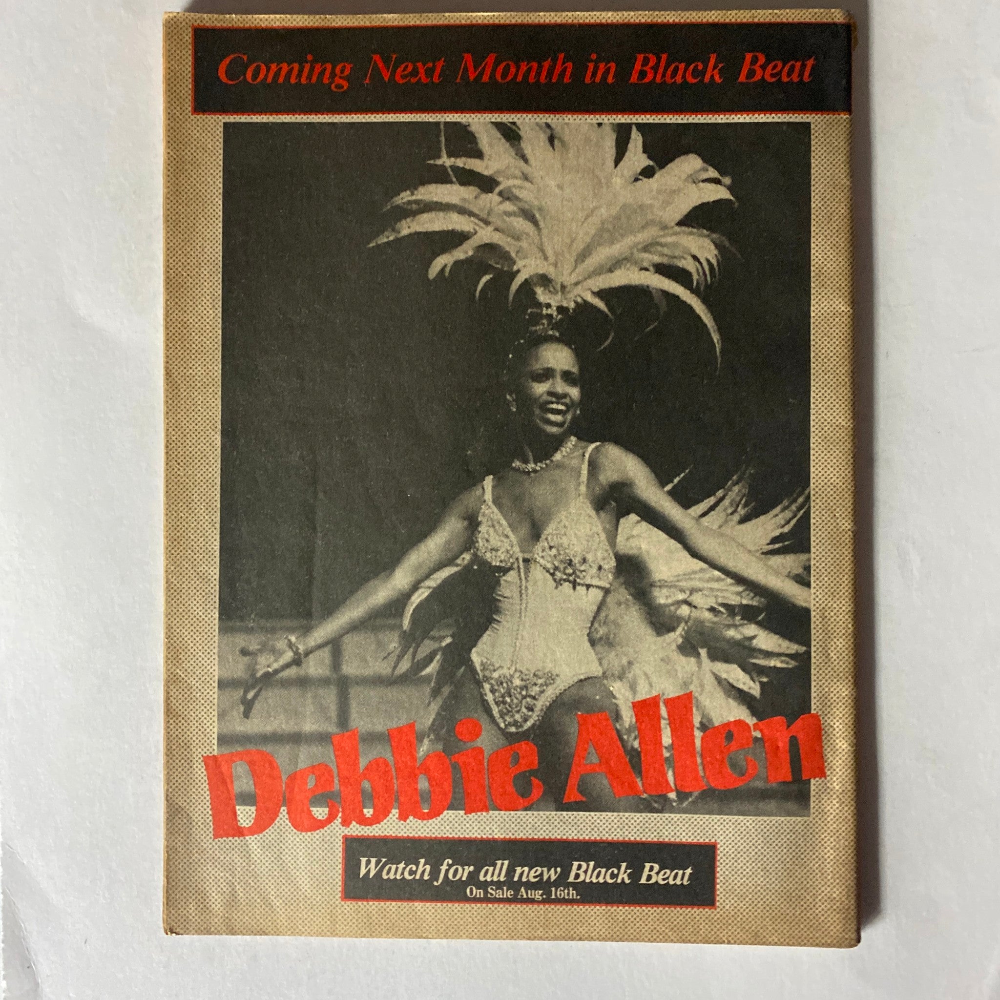 Promotional image from VTG Black Beat Magazine September 1983 advertising Debbie Allen with a caption about upcoming features, capturing the vibrant essence of 1980s culture.