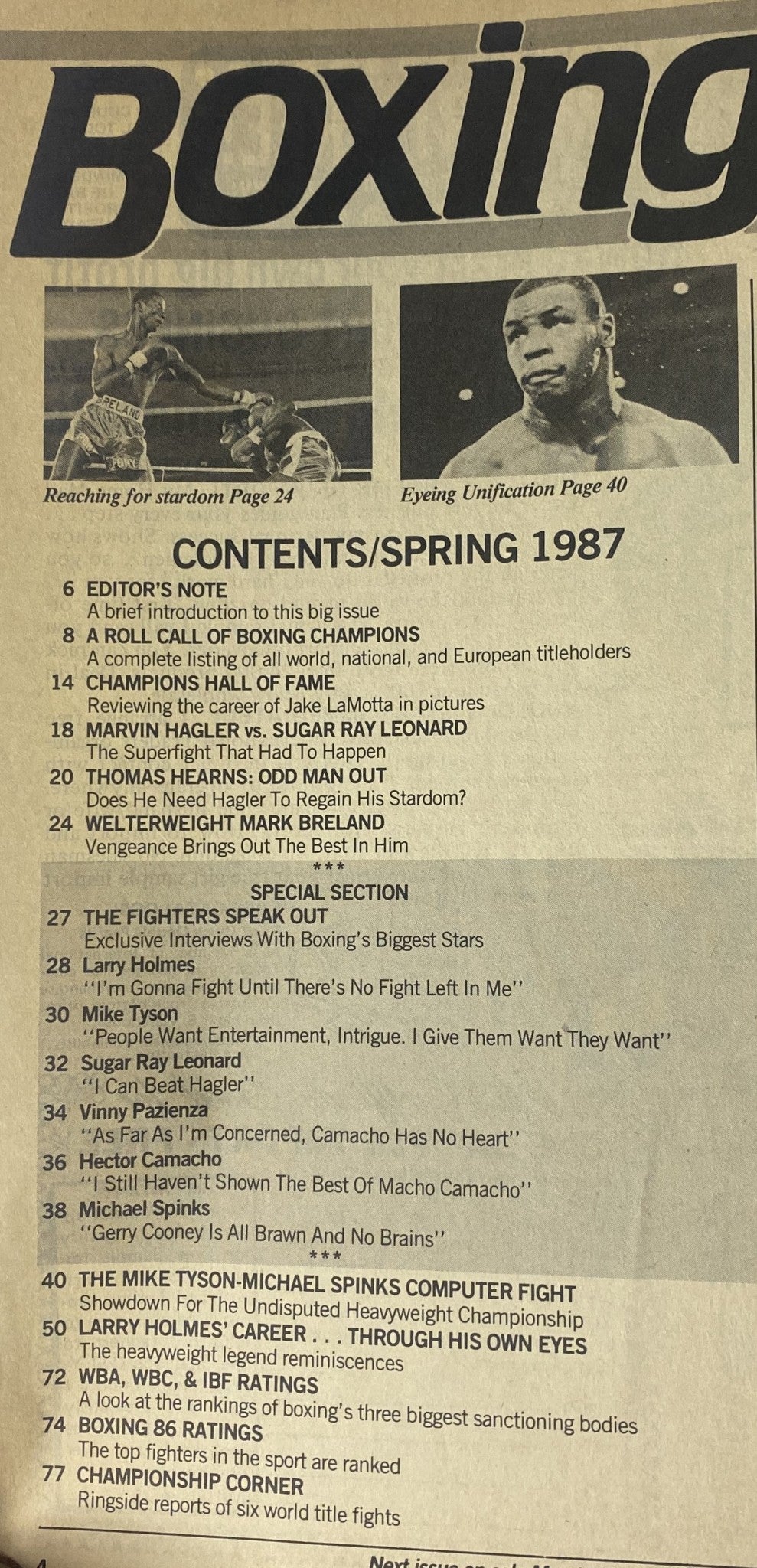 Contents page of Boxing 87 Magazine Spring 1987 listing articles including Mike Tyson, Marvin Hagler vs. Sugar Ray Leonard, and interviews with boxing champions.