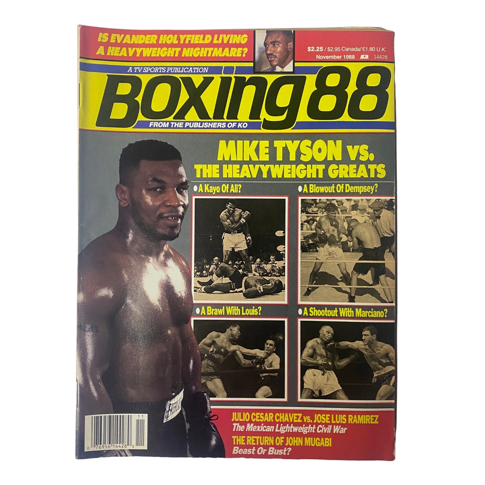Boxing 88 Magazine November 1988 cover featuring Mike Tyson, showcasing an article on Tyson vs. Heavyweight Greats and featuring spectacular boxing imagery.