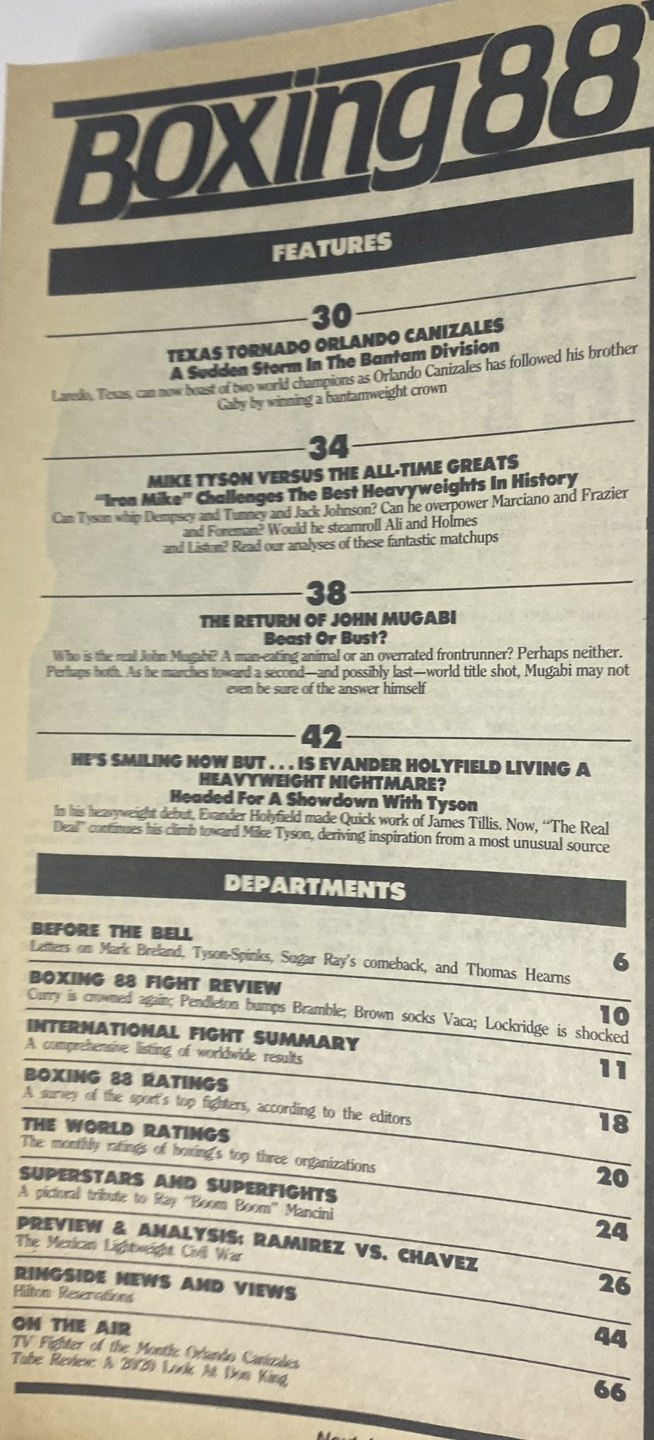 Interior page of Boxing 88 Magazine November 1988 highlighting features including Texas Tornado Orlando Canizales and Mike Tyson, along with boxing fight summaries and rankings.