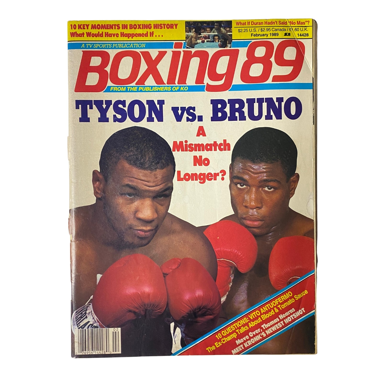 Cover of Boxing 89 Magazine February 1989 featuring Mike Tyson vs Frank Bruno with the headline 'A Mismatch No Longer?' showcasing both boxers in red gloves.