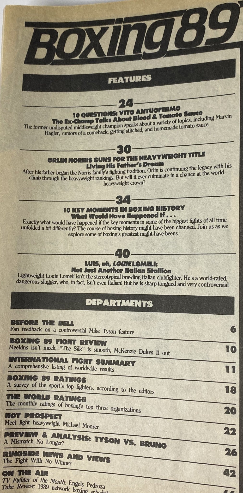 Interior page of Boxing 89 Magazine February 1989 detailing features including interviews, boxing history moments, and analysis of Tyson vs Bruno.
