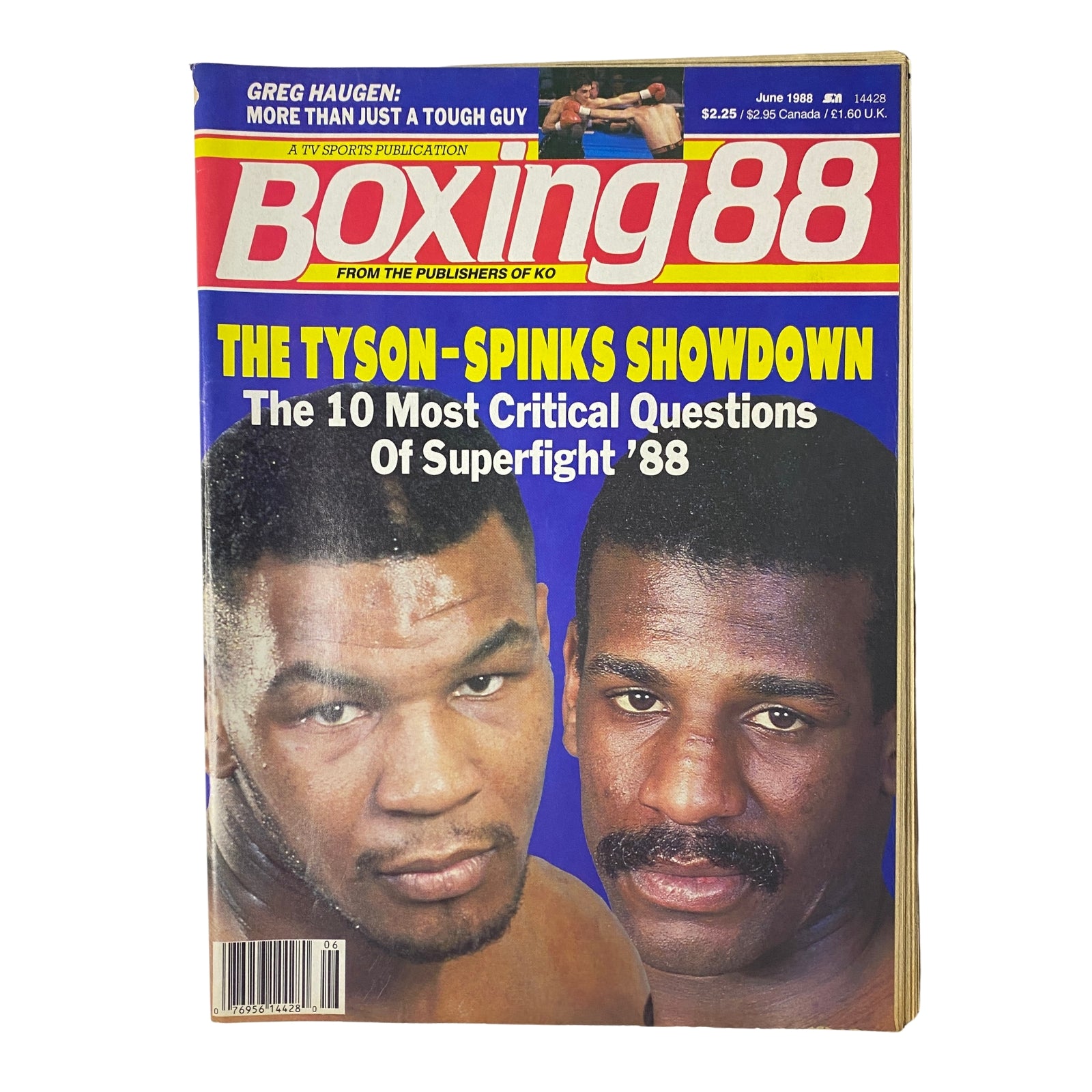 Cover of Boxing 88 Magazine June 1988 featuring Mike Tyson vs. Michael Spinks, highlighting the fight's importance with the title 'The Tyson–Spinks Showdown' and showcasing the two boxers' images.