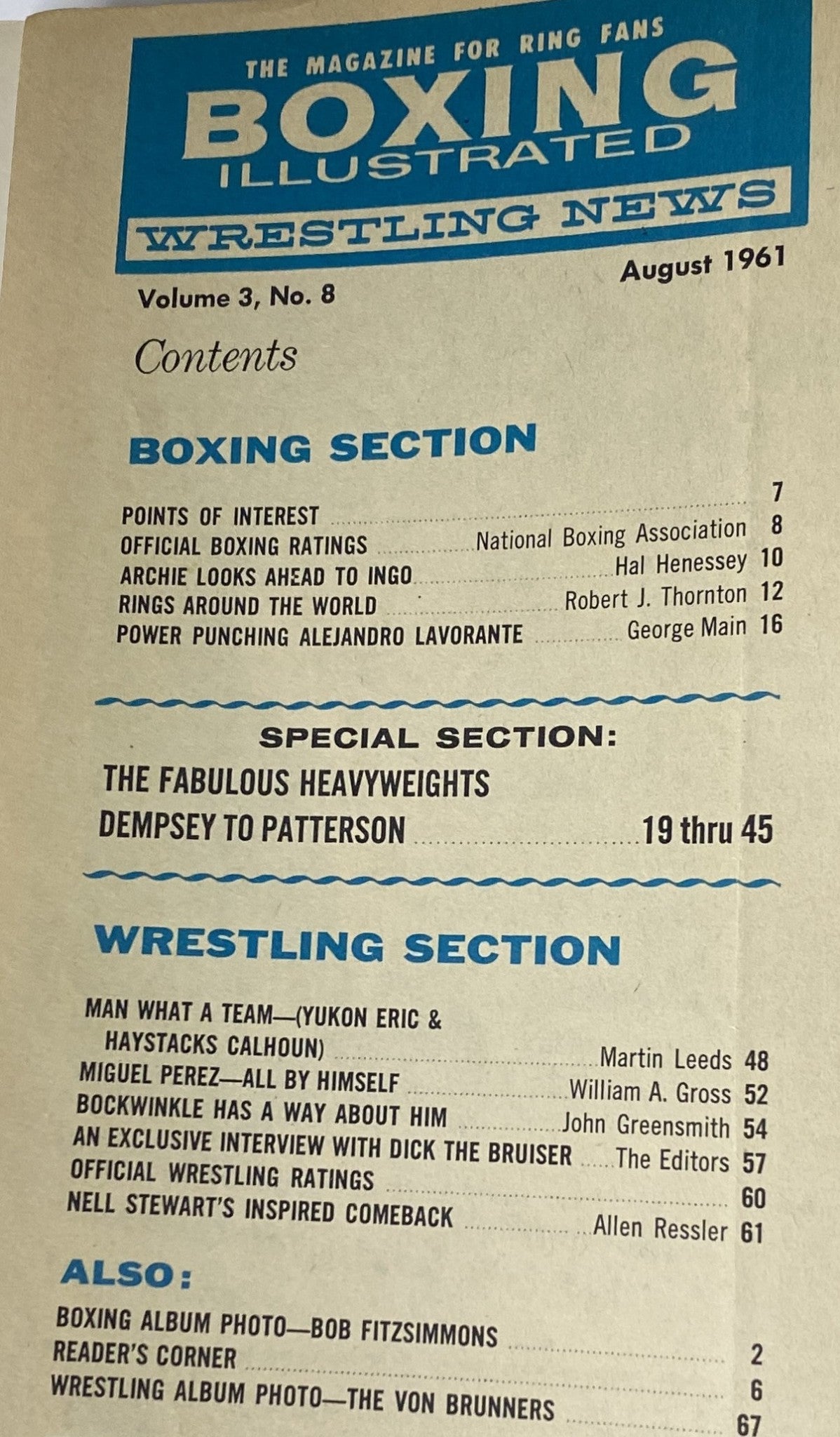 Boxing Illustrated Magazine August 1961 Floyd Patterson No Label