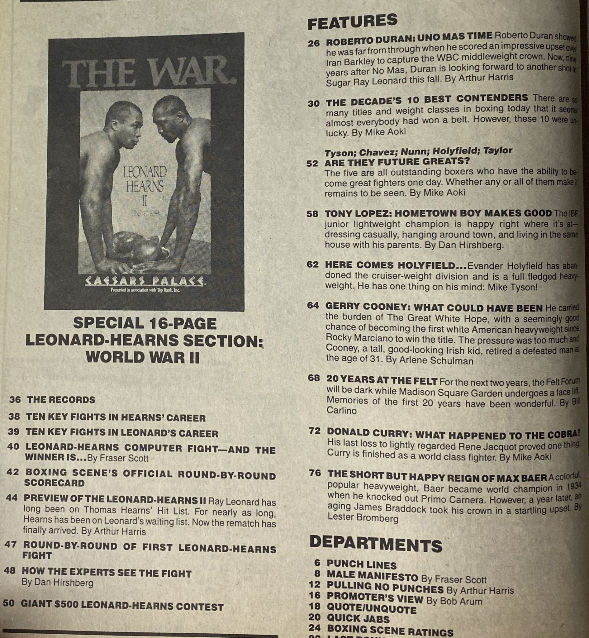 Interior page of the July 1989 Boxing Scene magazine showcasing the special 16-page section on the Leonard-Hearns rematch, including fight breakdowns and features under the title 'THE WAR'.