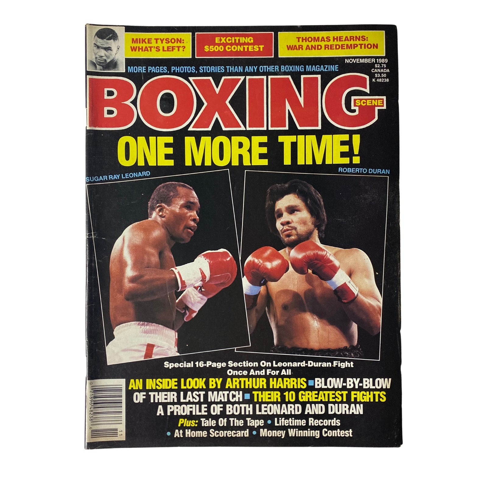 Cover of Boxing Scene Magazine from November 1989 featuring Sugar Ray Leonard and Roberto Duran with a bold title 'One More Time!' highlighting the special 16-page section on the Leonard-Duran rivalry.