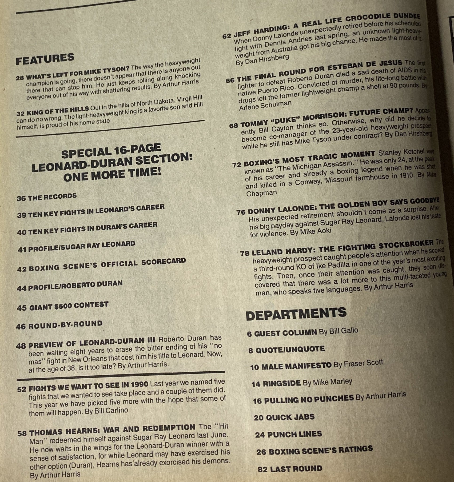 Inside page of Boxing Scene Magazine November 1989 showcasing the features and articles including 'The Records', 'Ten Key Fights in Leonard’s Career', and a special 16-page Leonard-Duran section.