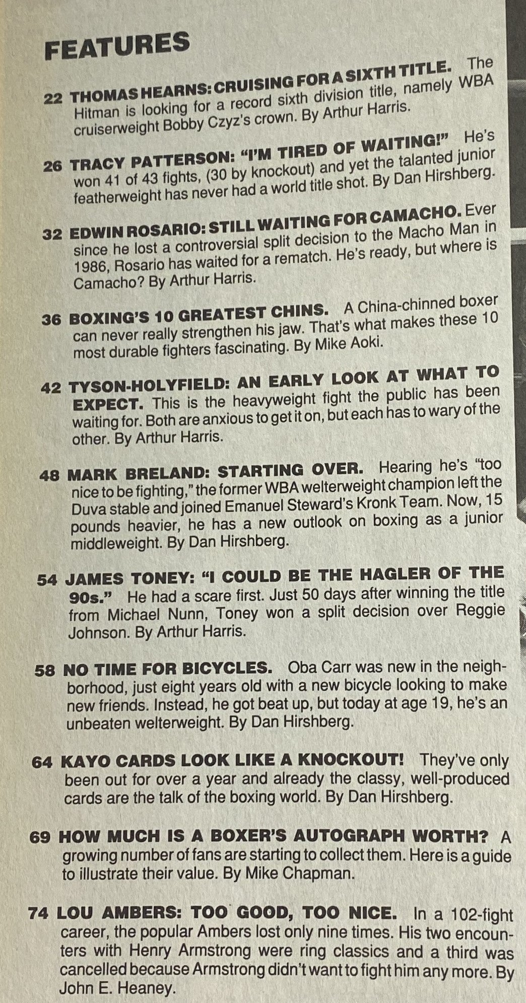 Inside page from Boxing Scene Magazine November 1991, displaying features about boxing legends including Thomas Hearns and other notable fighters, emphasizing the magazine's comprehensive coverage of the sport.