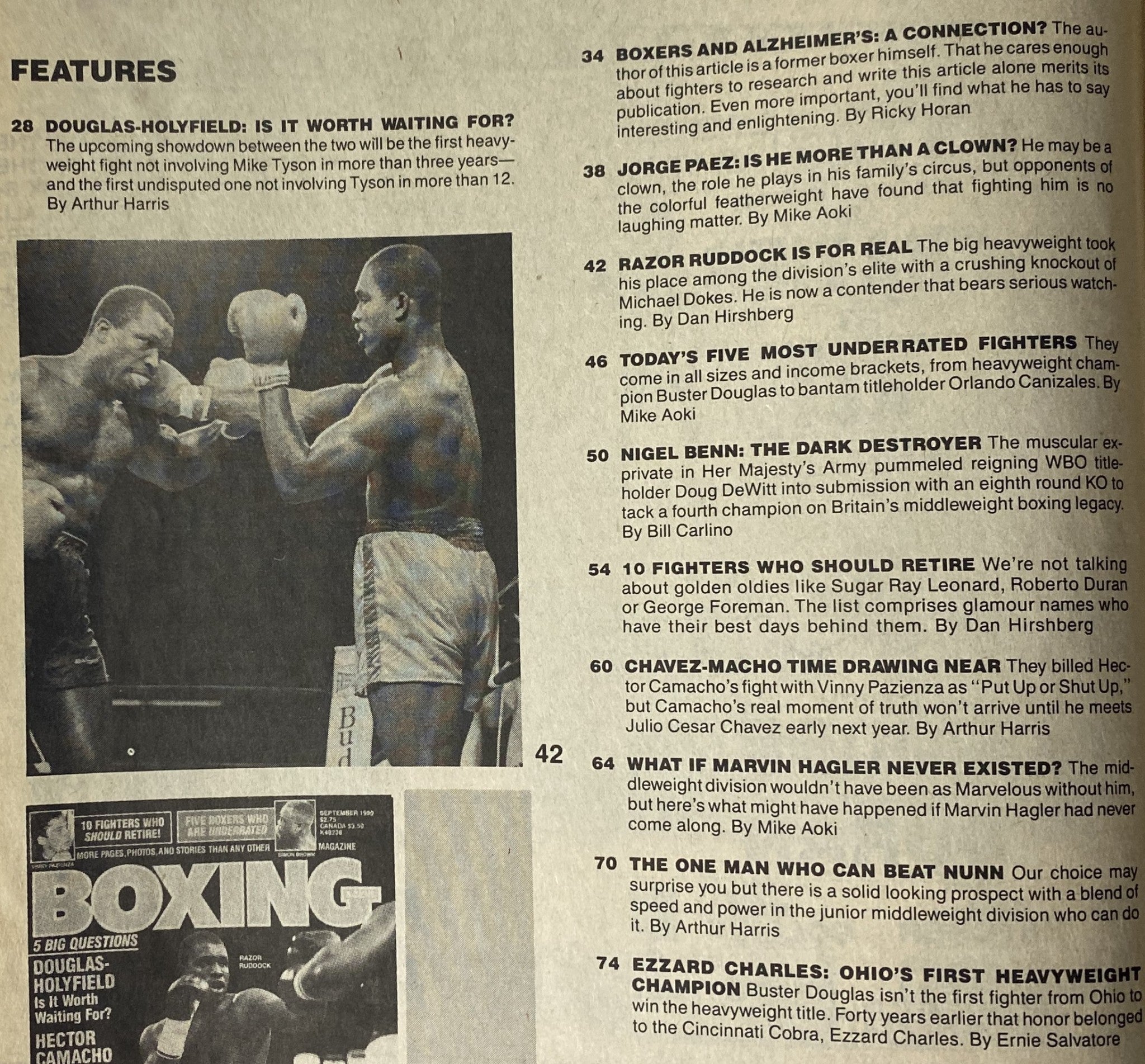 Inside page from Boxing Scene Magazine, September 1990, detailing features including Razor Ruddock and other prominent boxers, highlighting articles on fights and health connections.