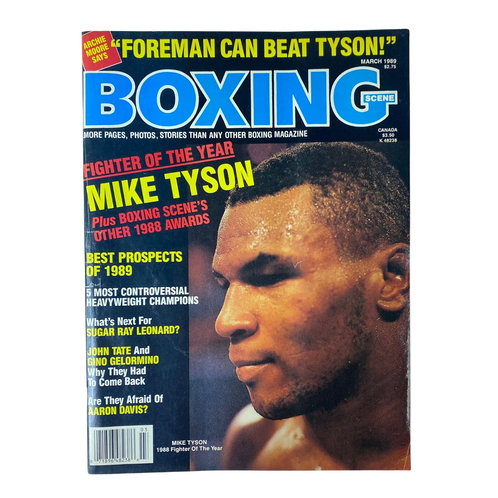 Cover of Boxing Scene Magazine March 1989 featuring Mike Tyson as Fighter of the Year, with headlines about Foreman, Sugar Ray Leonard, and upcoming boxing prospects.