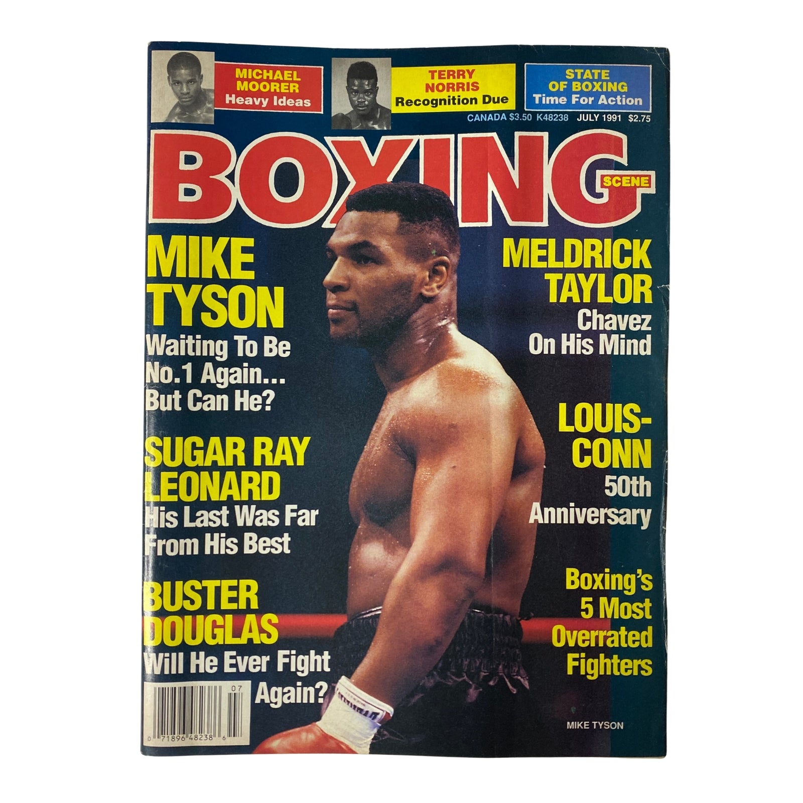 Boxing Scene Magazine cover from July 1991 featuring Mike Tyson, highlighting various articles including 'Waiting to Be No. 1 Again?' and 'Sugar Ray Leonard: His Last Was Far From His Best'.