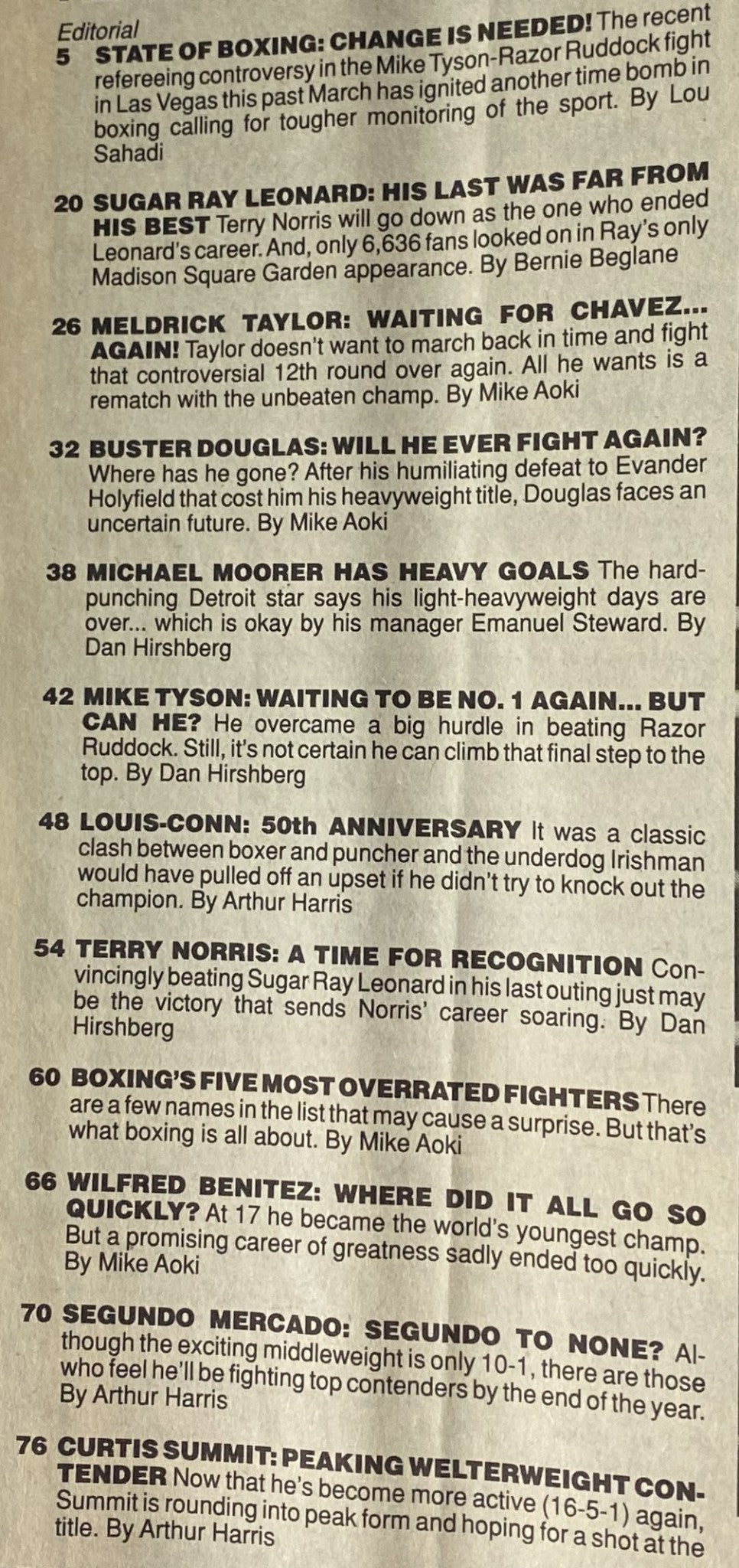 Inside page of Boxing Scene Magazine July 1991, revealing editorial content with topics like 'State of Boxing: Change Is Needed!' and feature articles on notable boxers.