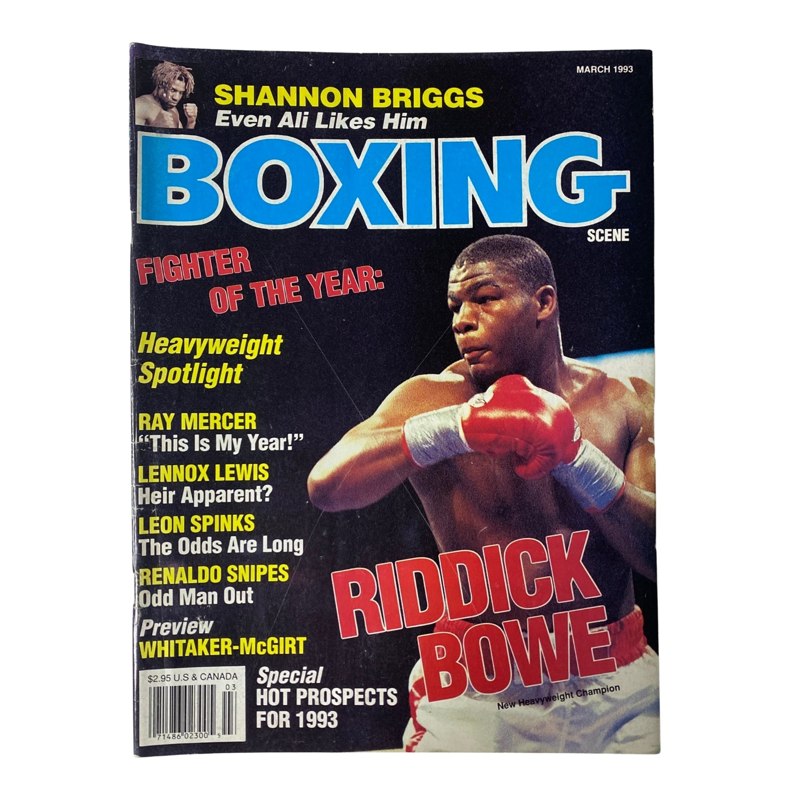 Cover of Boxing Scene Magazine from March 1993 featuring Riddick Bowe with the headline 'Fighter of the Year: Heavyweight Spotlight' and Shannon Briggs image.