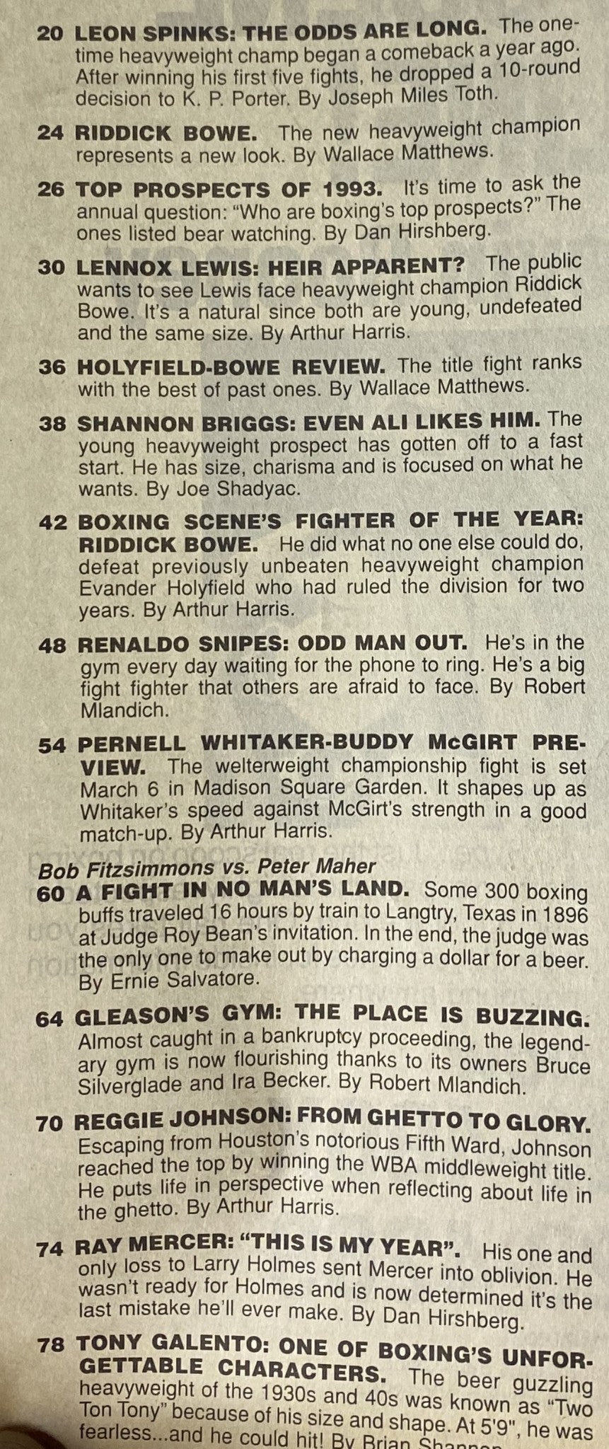Inside page of Boxing Scene Magazine March 1993 listing features including 'Leon Spinks: The Odds Are Long' and 'Riddick Bowe - The New Heavyweight Champion'.