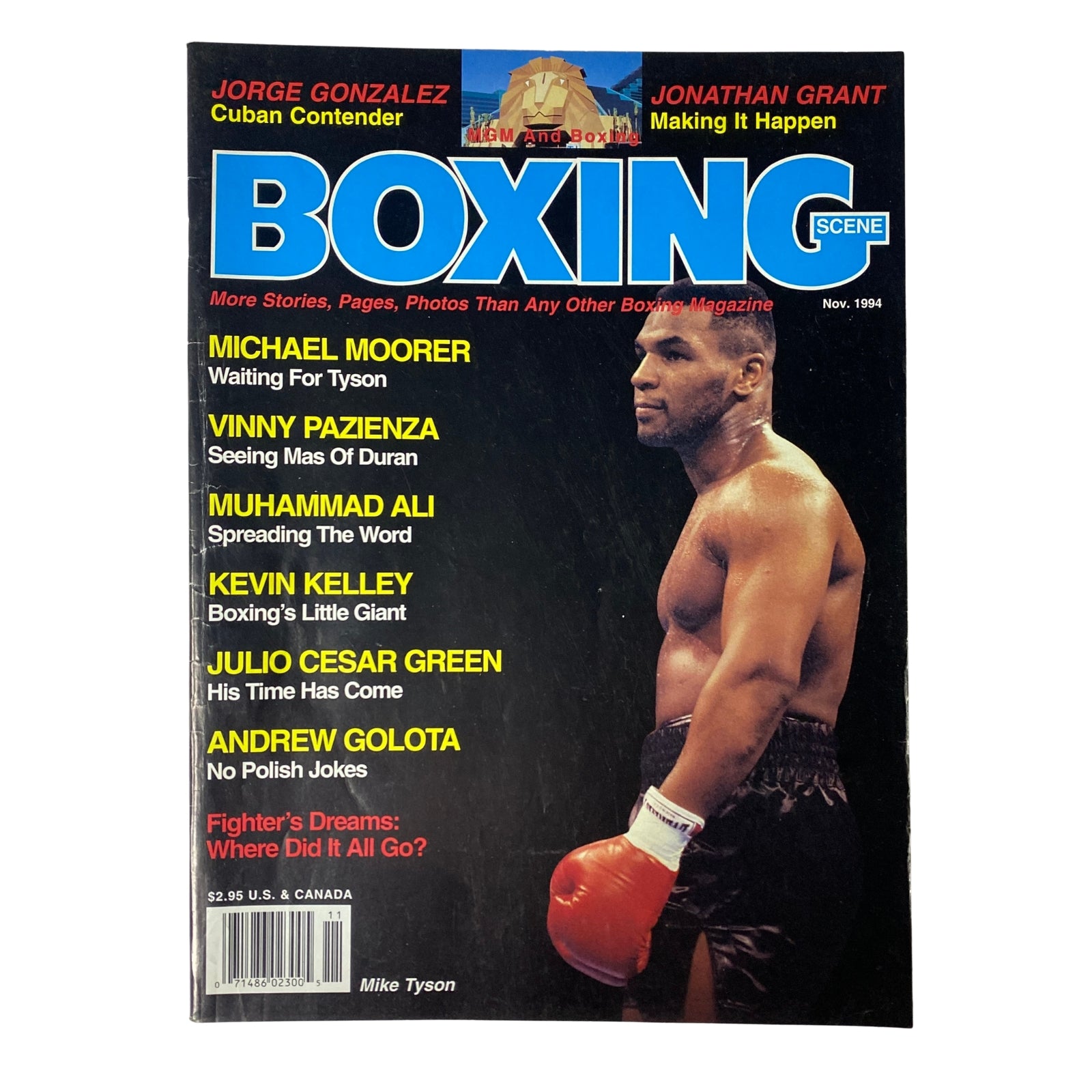 Cover of Boxing Scene Magazine November 1994 featuring Mike Tyson, with articles highlighting Michael Moorer, Vinny Pazienza, Jorge Gonzalez, and more.