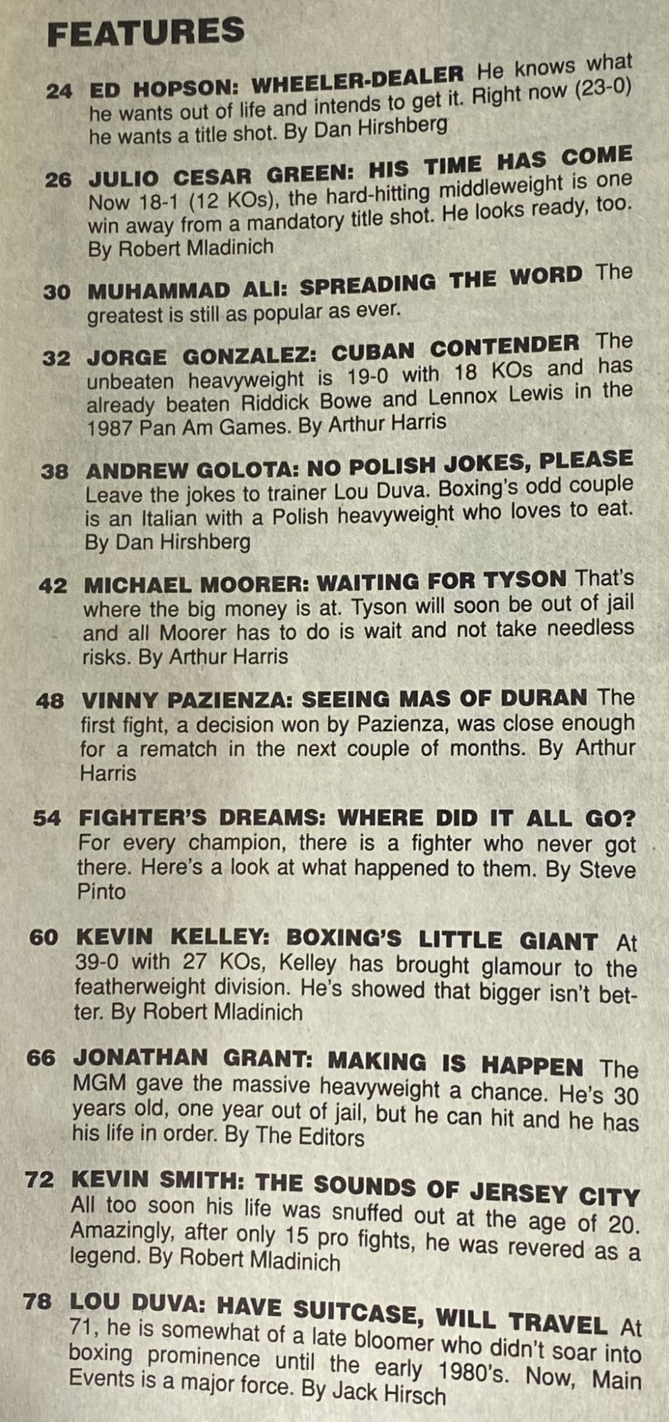 Table of contents for Boxing Scene Magazine November 1994 outlining features on prominent boxers including Michael Moorer, Vinny Pazienza, and Jorge Gonzalez.