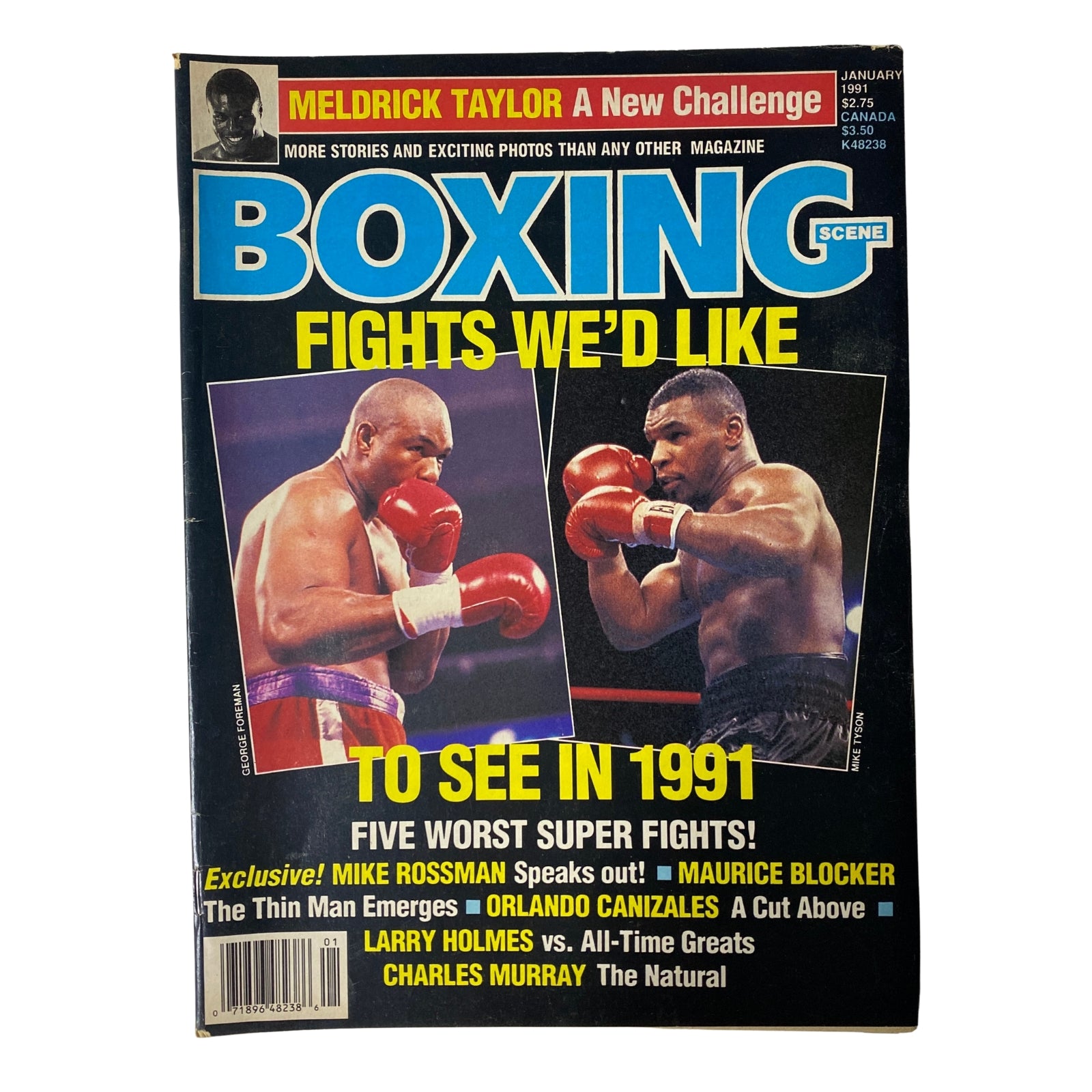 Boxing Scene Magazine January 1991 cover featuring George Foreman and Mike Tyson with articles including 'Meldrick Taylor: A New Challenge' and 'Five Fights We’d Like to See in 1991.'