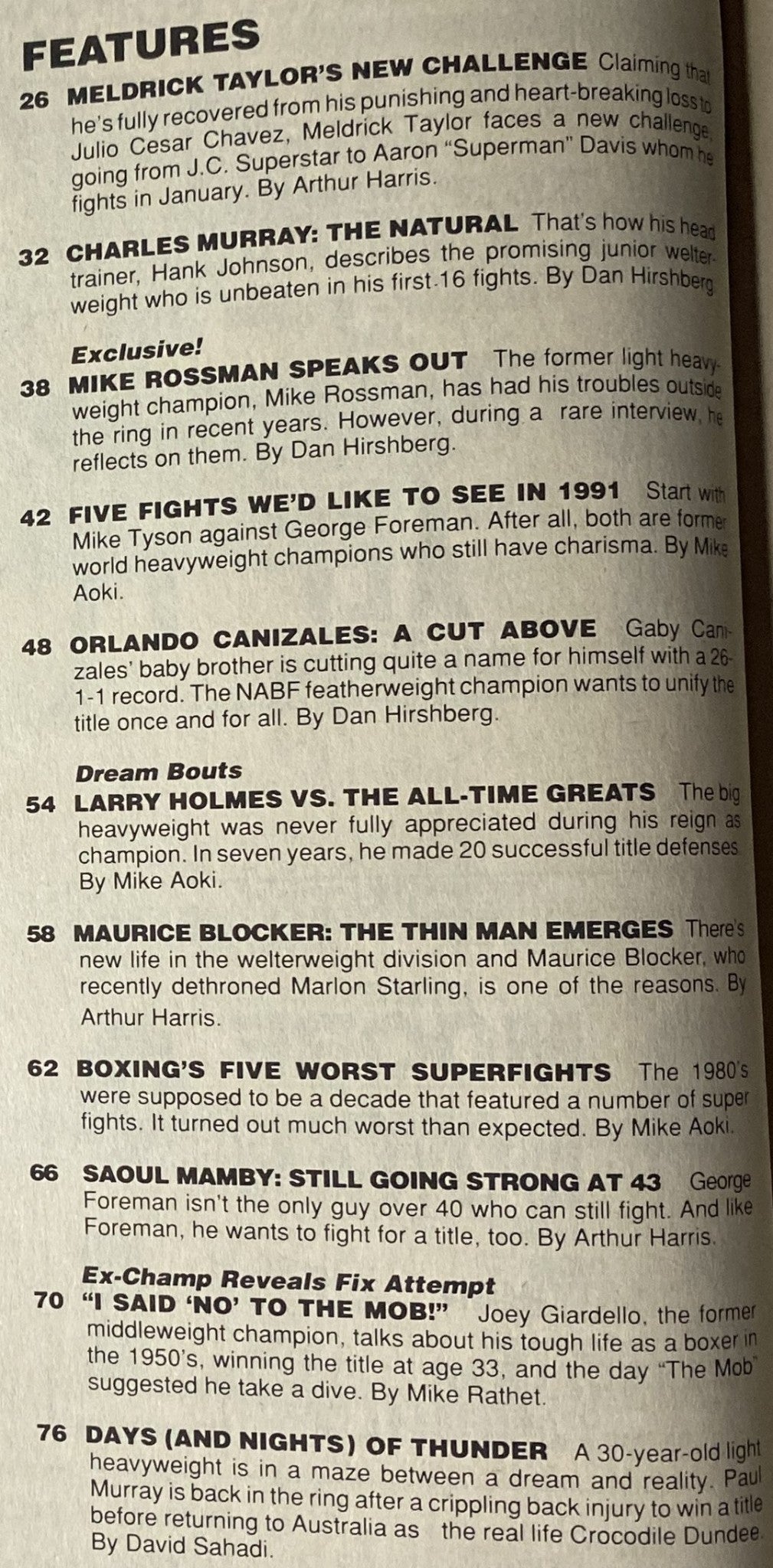 Inside page of Boxing Scene Magazine January 1991 highlighting features such as 'Charles Murray: The Natural' and 'Mike Rossman Speaks Out,' showcasing boxing insights and match analyses.